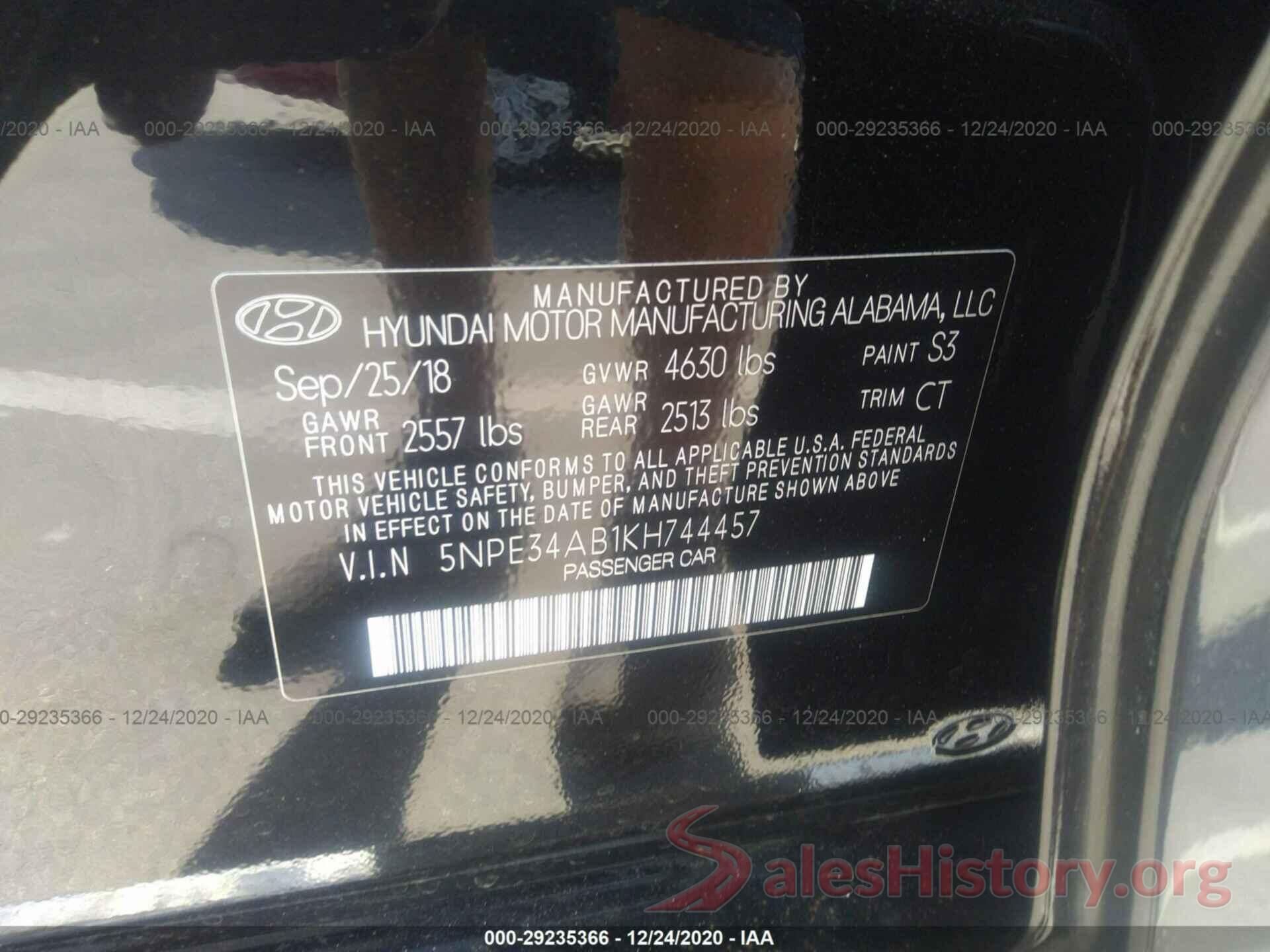 5NPE34AB1KH744457 2019 HYUNDAI SONATA