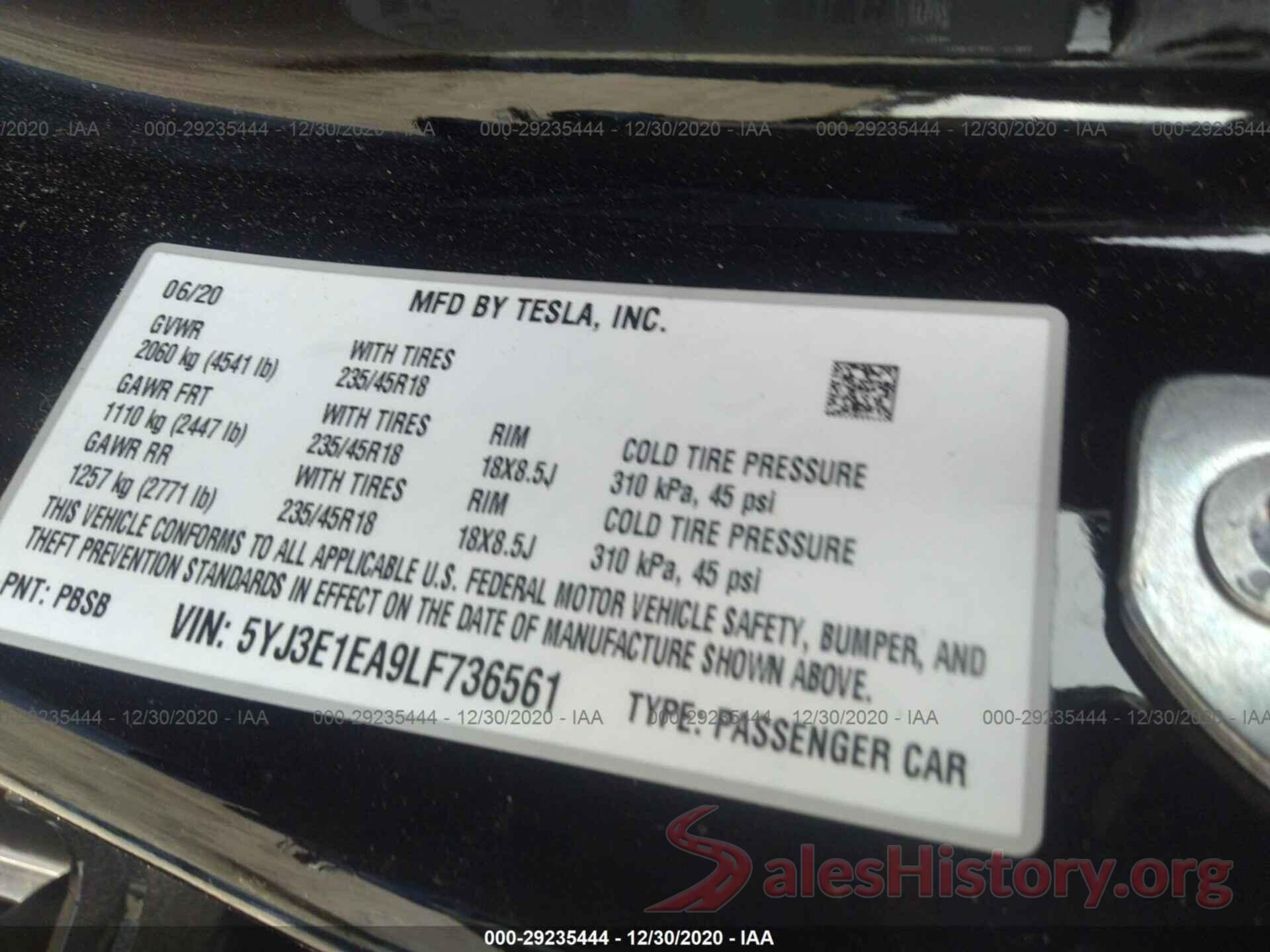 5YJ3E1EA9LF736561 2020 TESLA MODEL 3