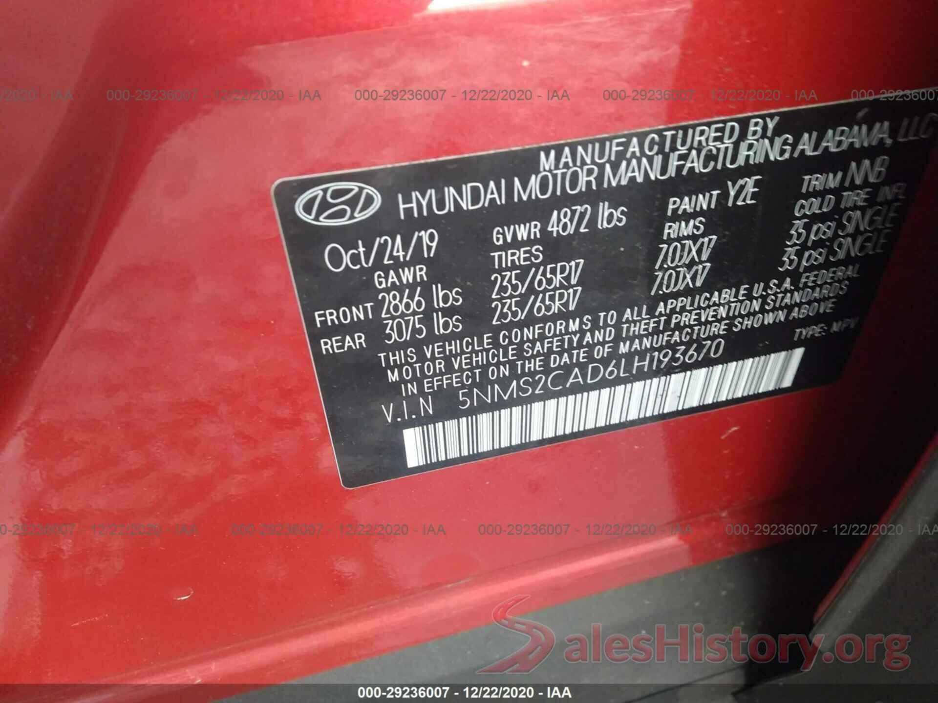 5NMS2CAD6LH193670 2020 HYUNDAI SANTA FE