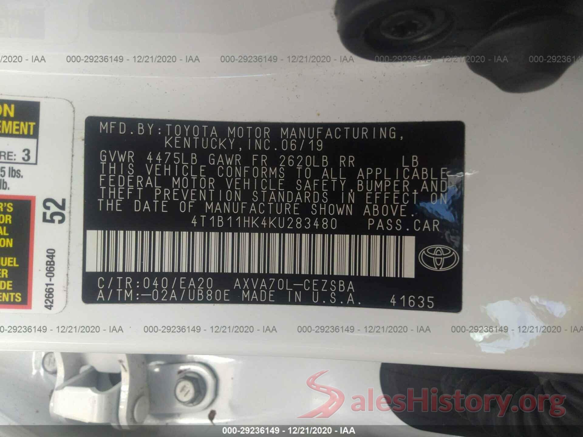 4T1B11HK4KU283480 2019 TOYOTA CAMRY