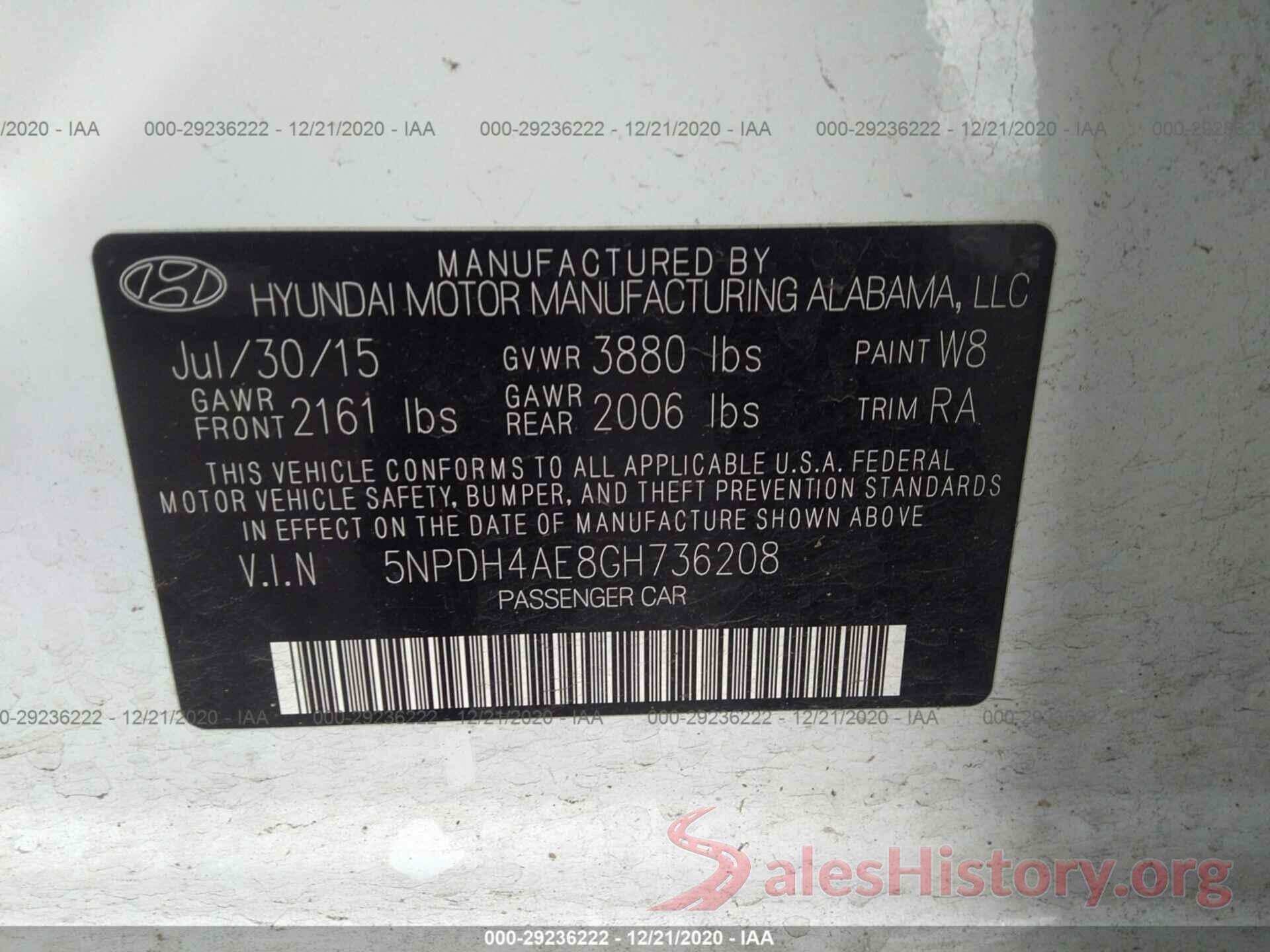 5NPDH4AE8GH736208 2016 HYUNDAI ELANTRA