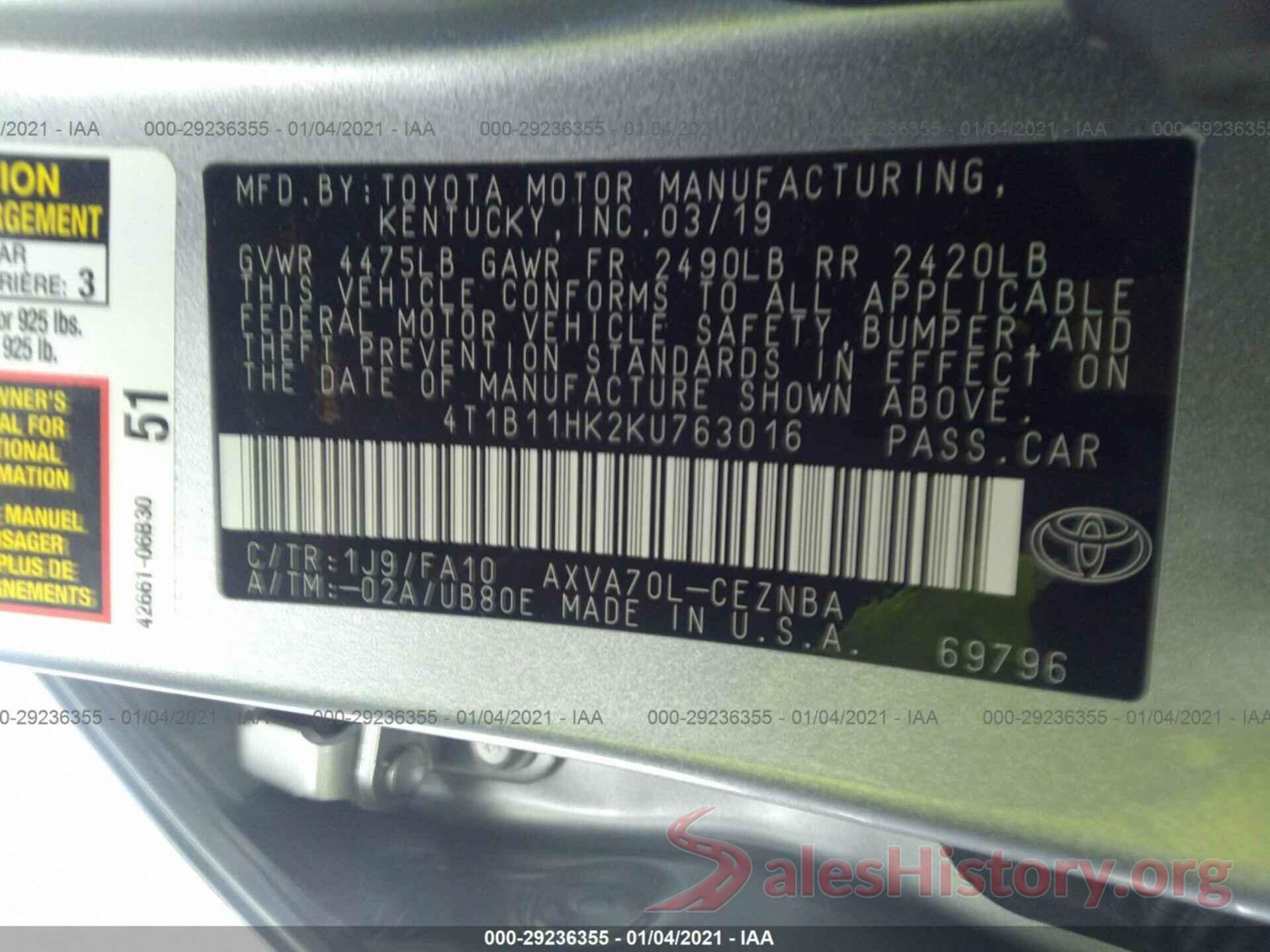 4T1B11HK2KU763016 2019 TOYOTA CAMRY