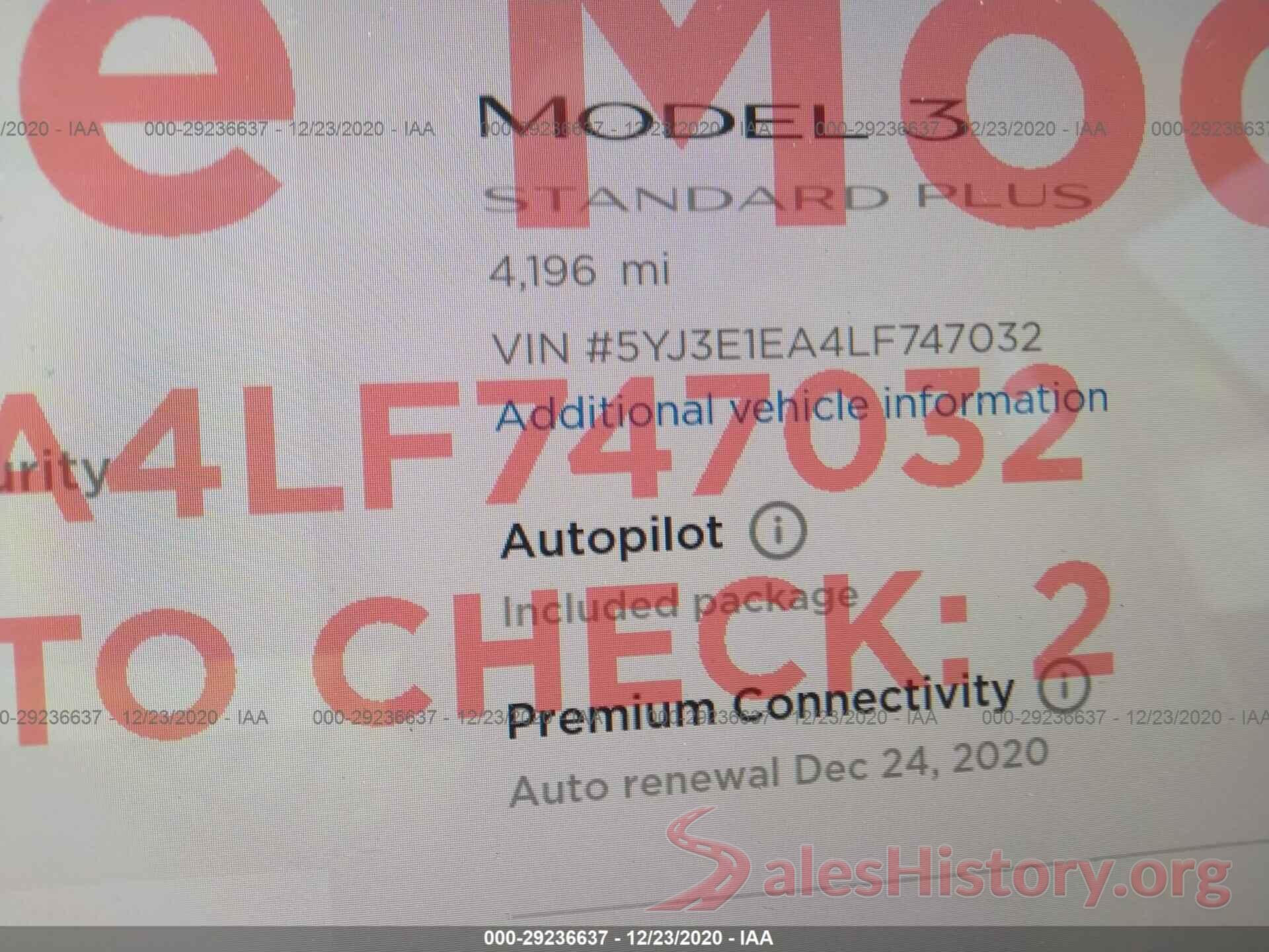 5YJ3E1EA4LF747032 2020 TESLA MODEL 3