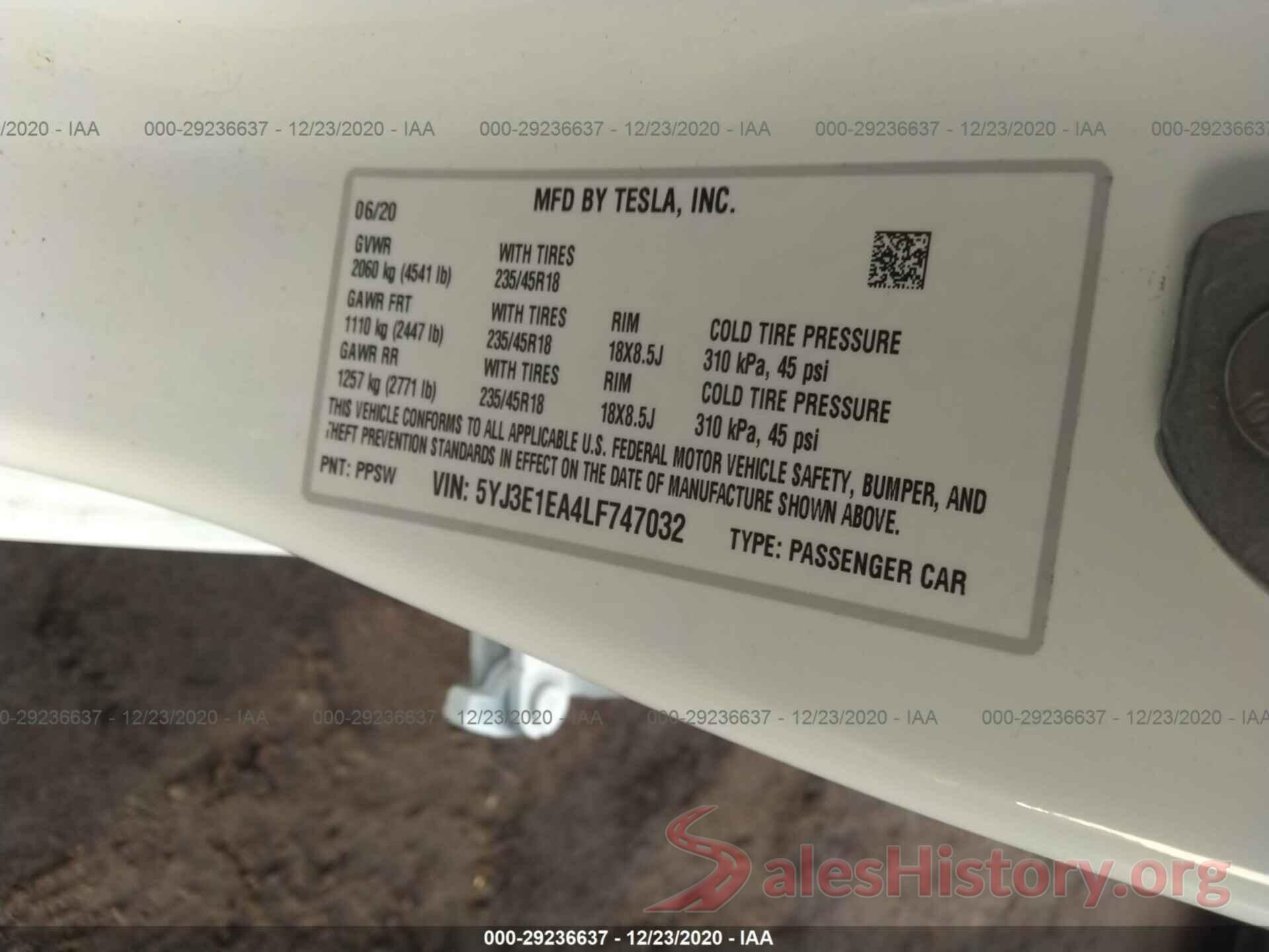 5YJ3E1EA4LF747032 2020 TESLA MODEL 3