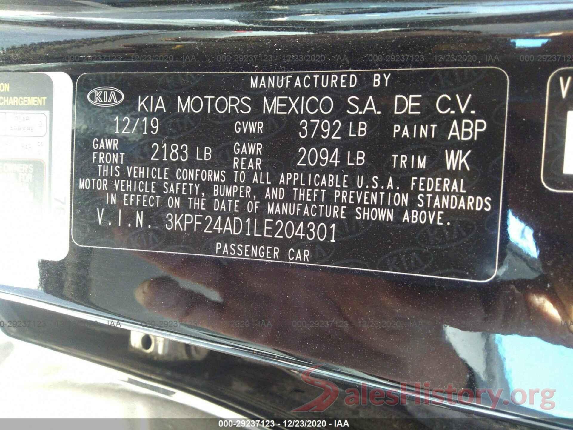 3KPF24AD1LE204301 2020 KIA FORTE