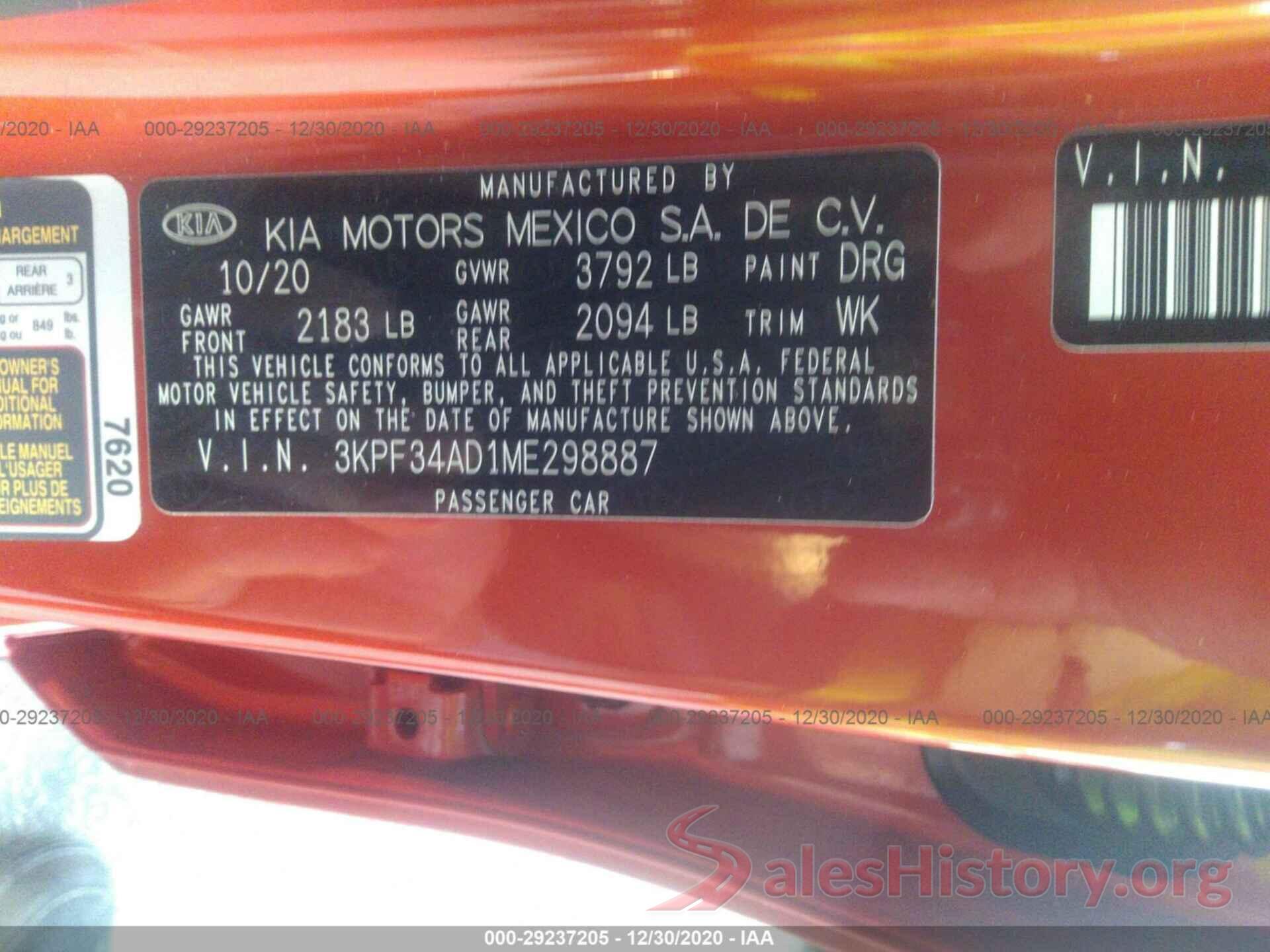 3KPF34AD1ME298887 2021 KIA FORTE