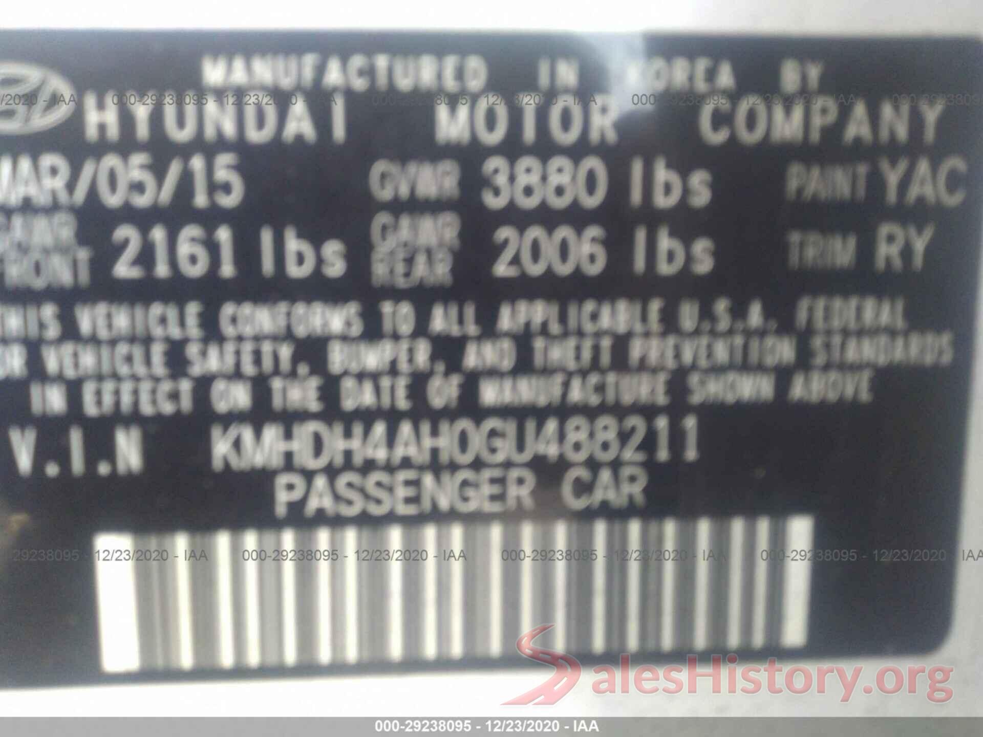 KMHDH4AH0GU488211 2016 HYUNDAI ELANTRA