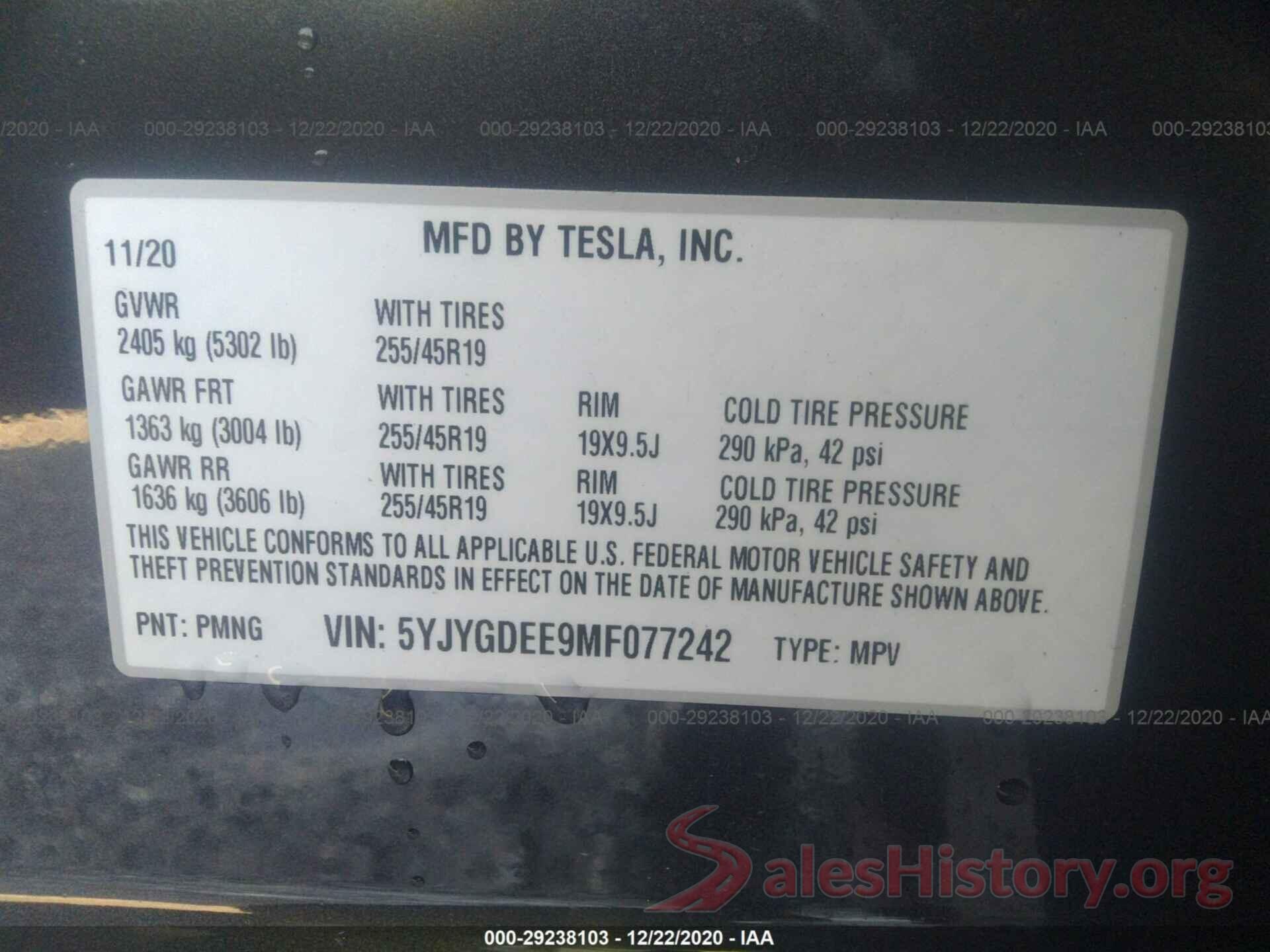 5YJYGDEE9MF077242 2021 TESLA MODEL Y