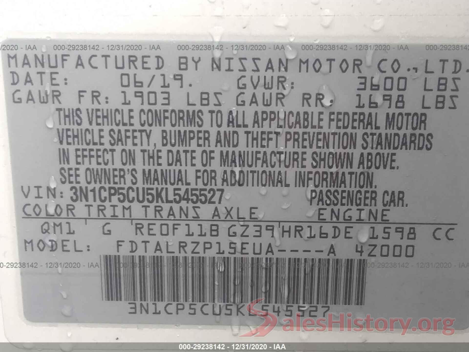 3N1CP5CU5KL545527 2019 NISSAN KICKS