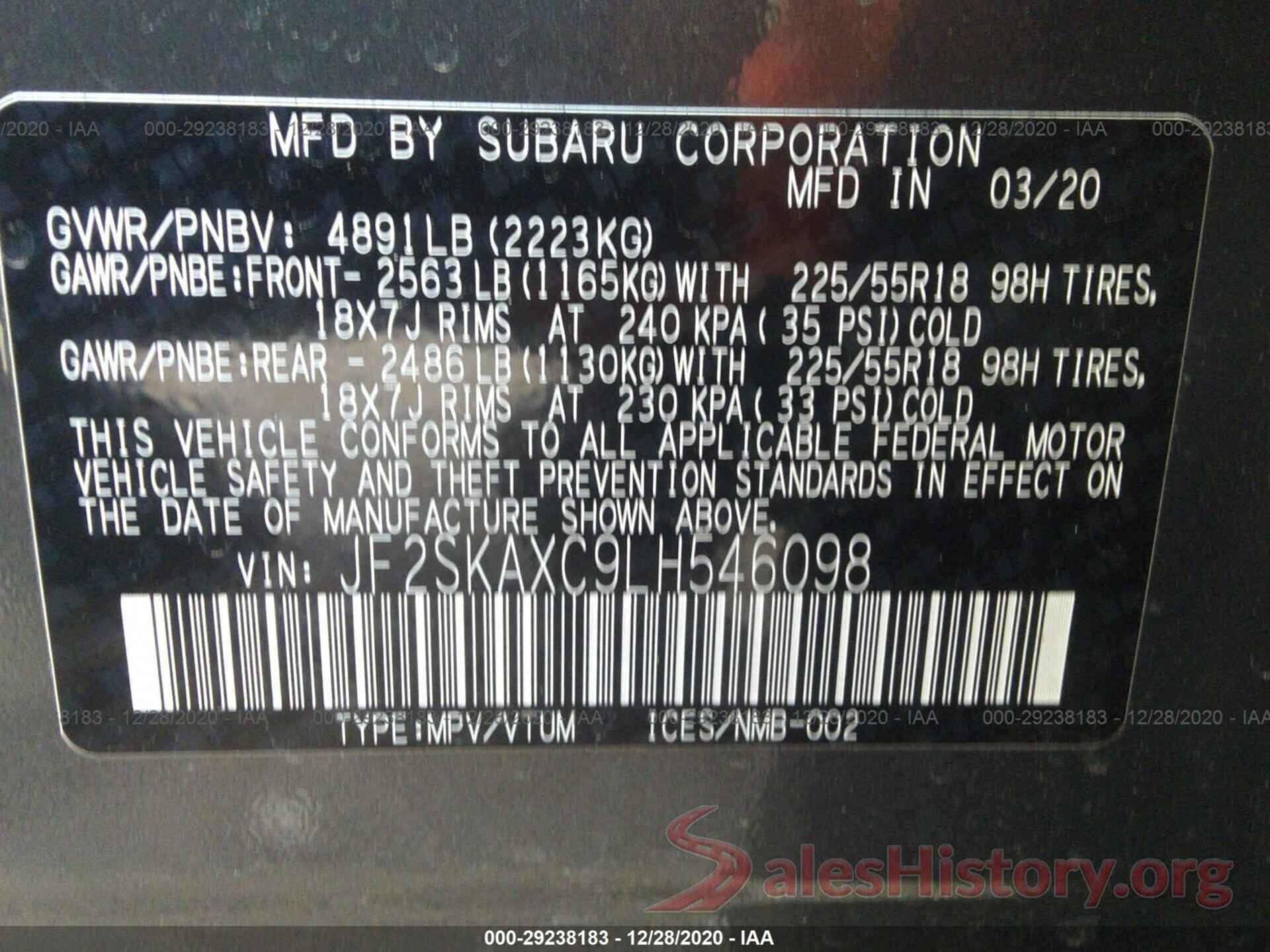 JF2SKAXC9LH546098 2020 SUBARU FORESTER