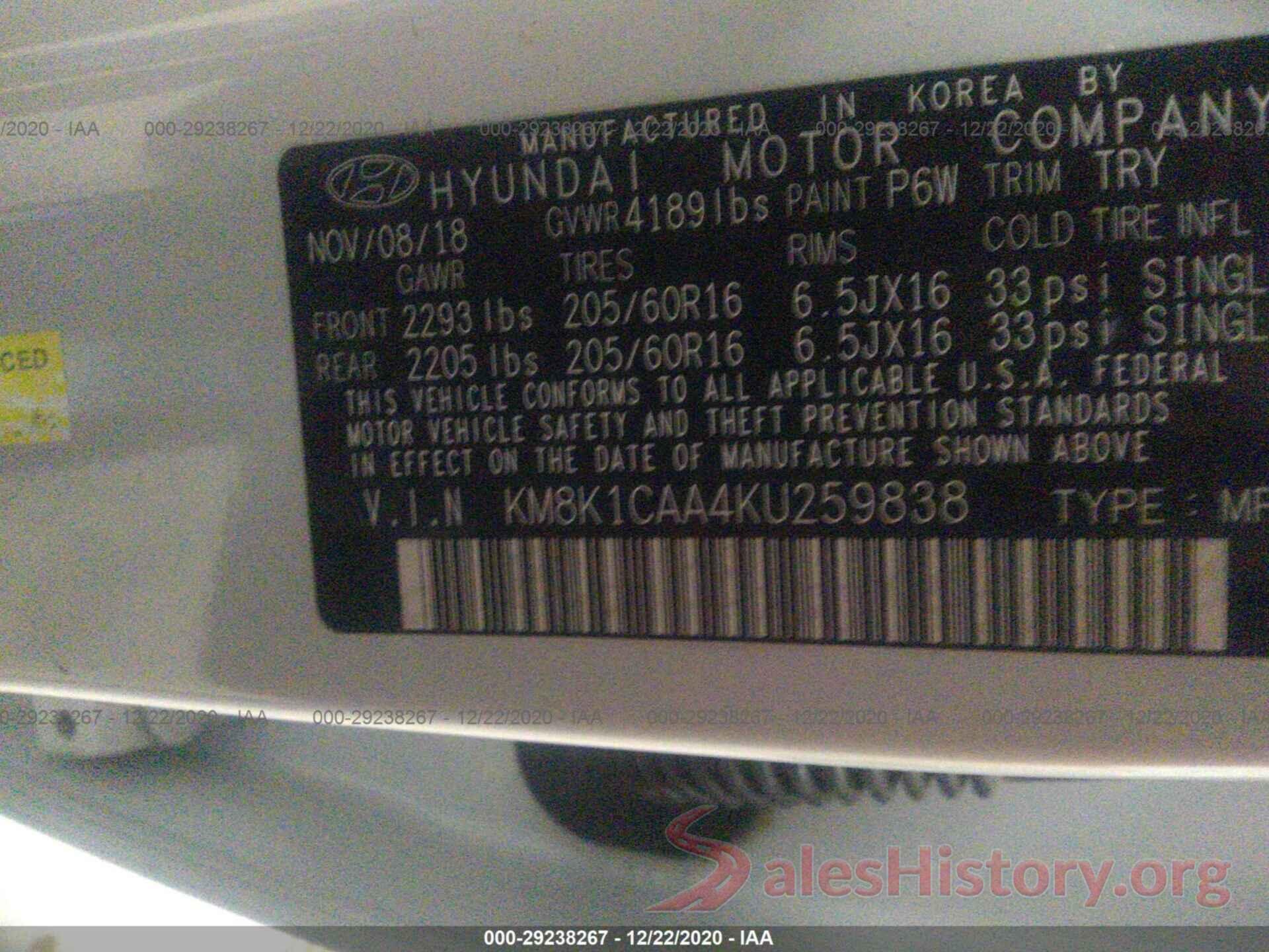 KM8K1CAA4KU259838 2019 HYUNDAI KONA