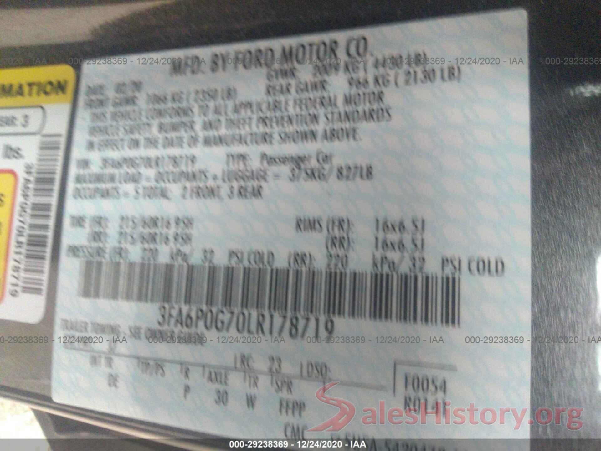 3FA6P0G70LR178719 2020 FORD FUSION