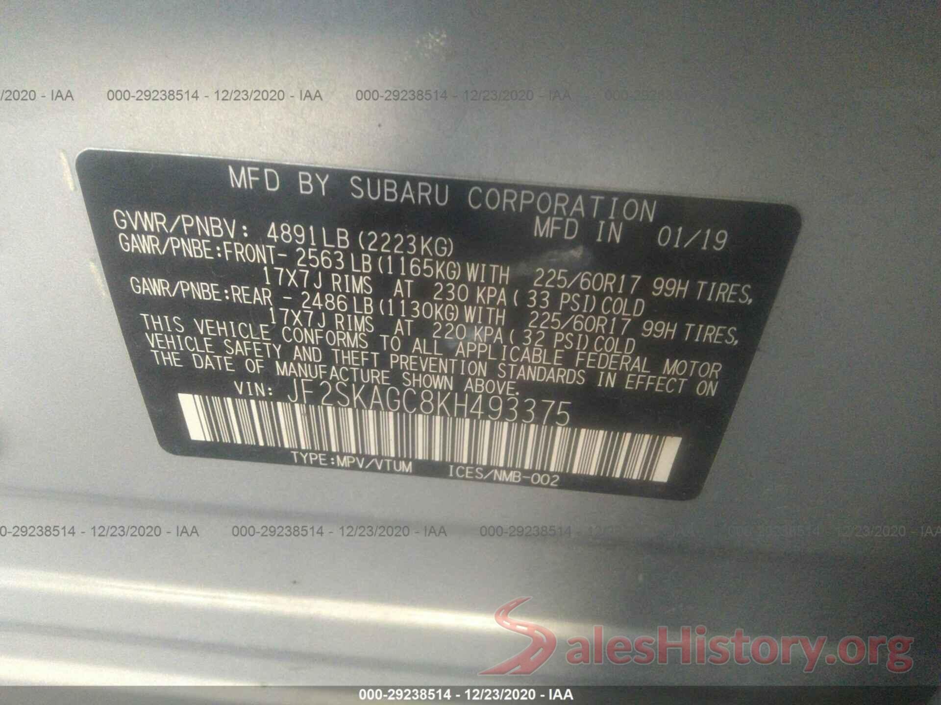 JF2SKAGC8KH493375 2019 SUBARU FORESTER