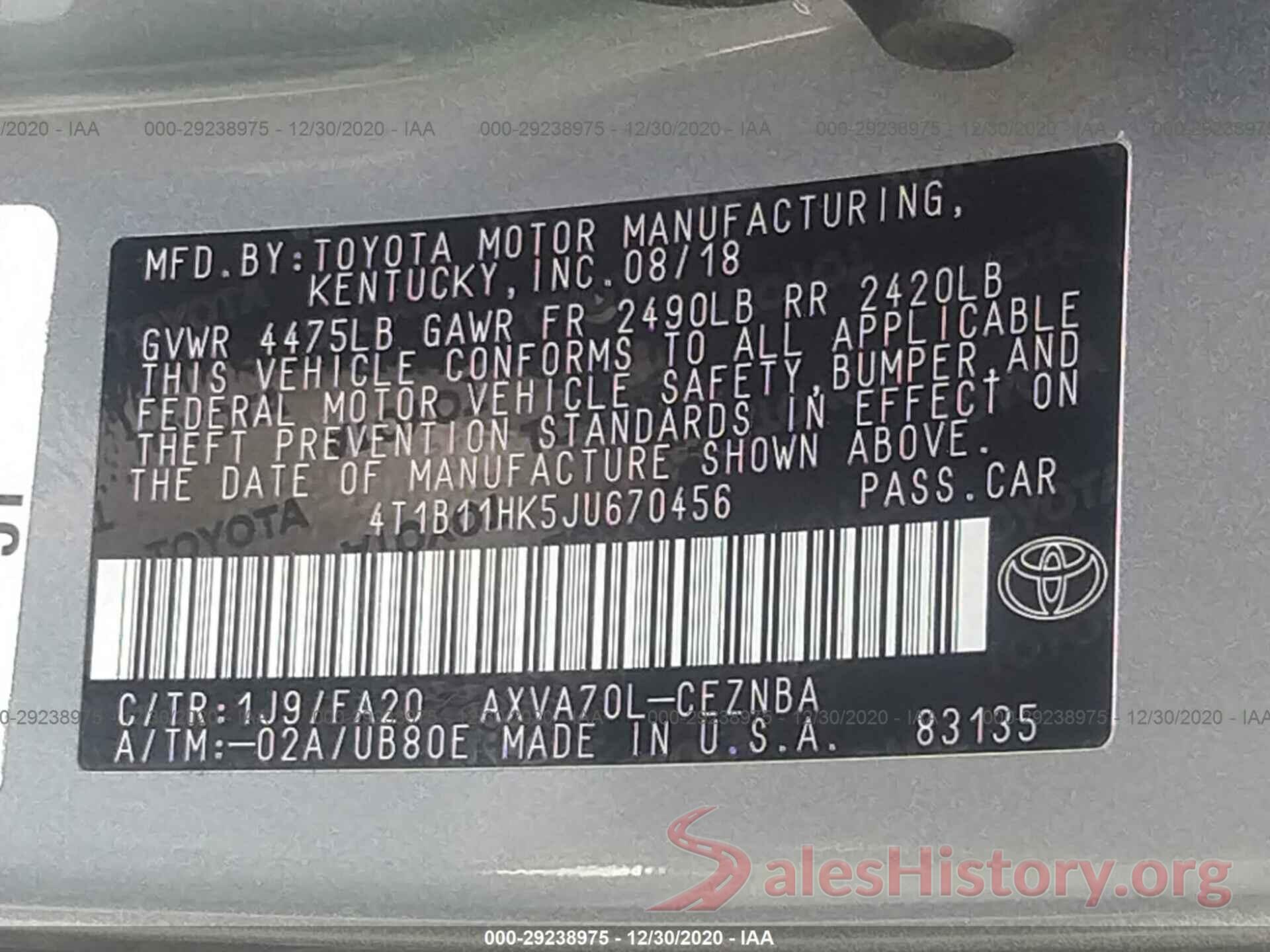 4T1B11HK5JU670456 2018 TOYOTA CAMRY