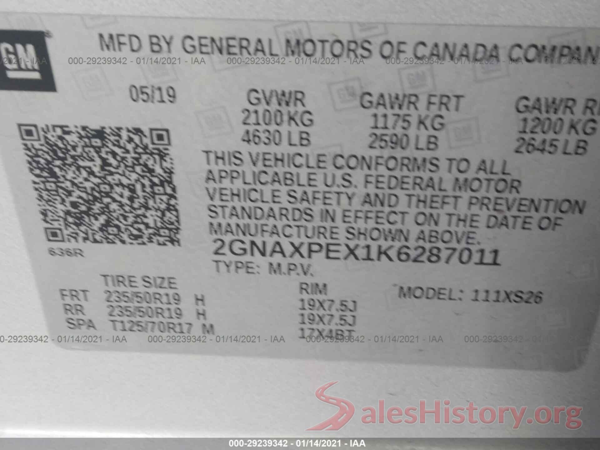 2GNAXPEX1K6287011 2019 CHEVROLET EQUINOX