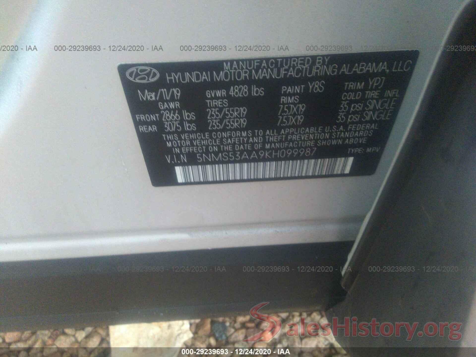 5NMS53AA9KH099987 2019 HYUNDAI SANTA FE