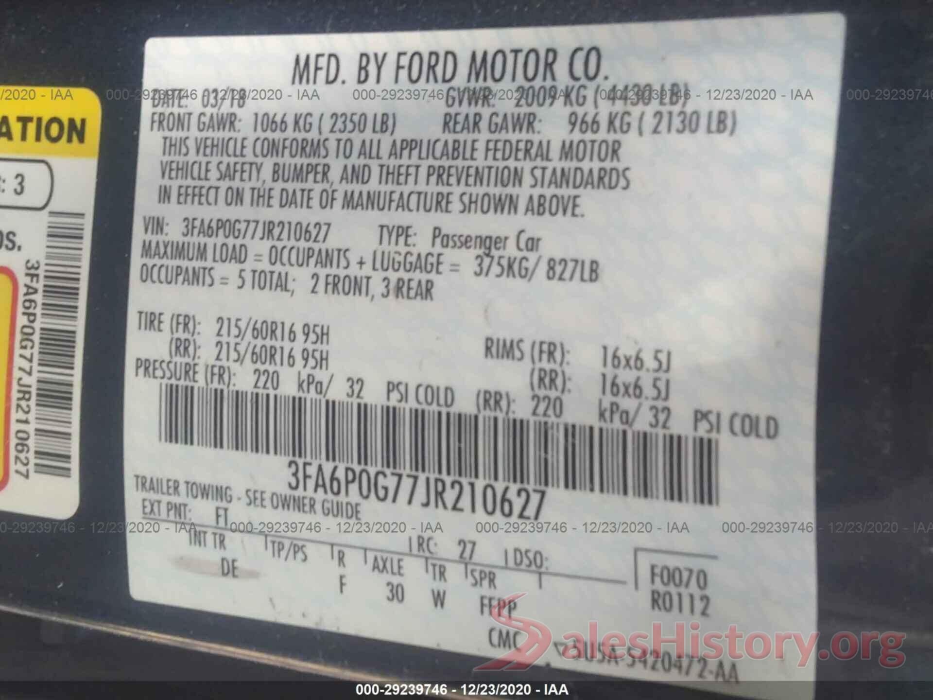 3FA6P0G77JR210627 2018 FORD FUSION