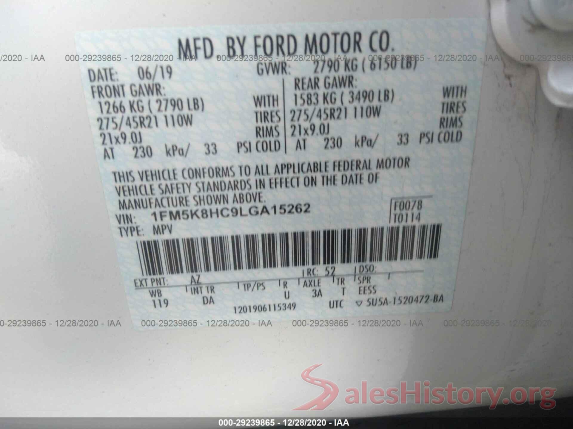 1FM5K8HC9LGA15262 2020 FORD EXPLORER