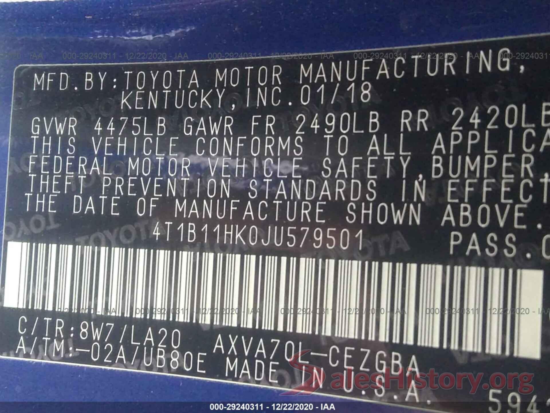 4T1B11HK0JU579501 2018 TOYOTA CAMRY