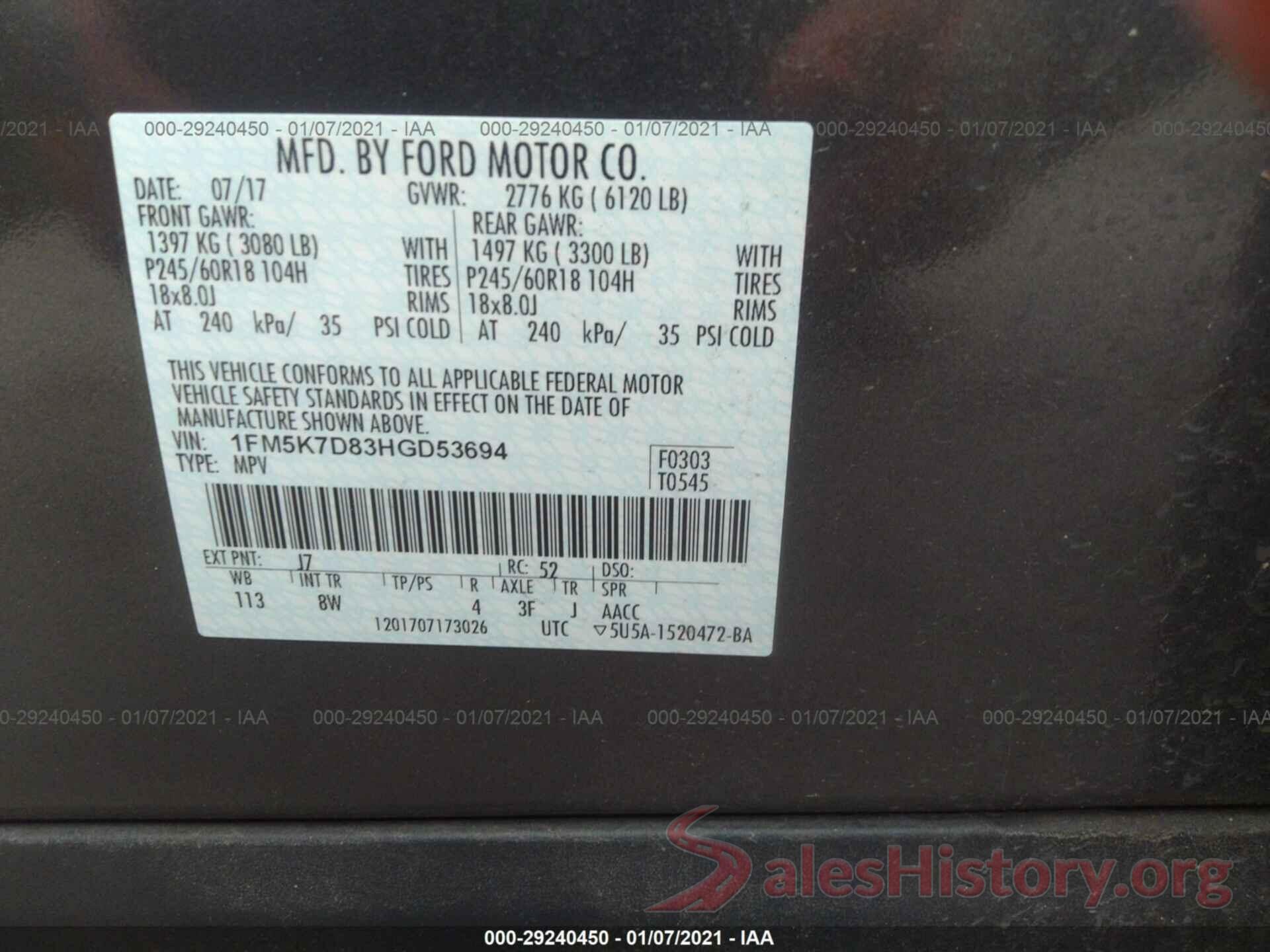 1FM5K7D83HGD53694 2017 FORD EXPLORER