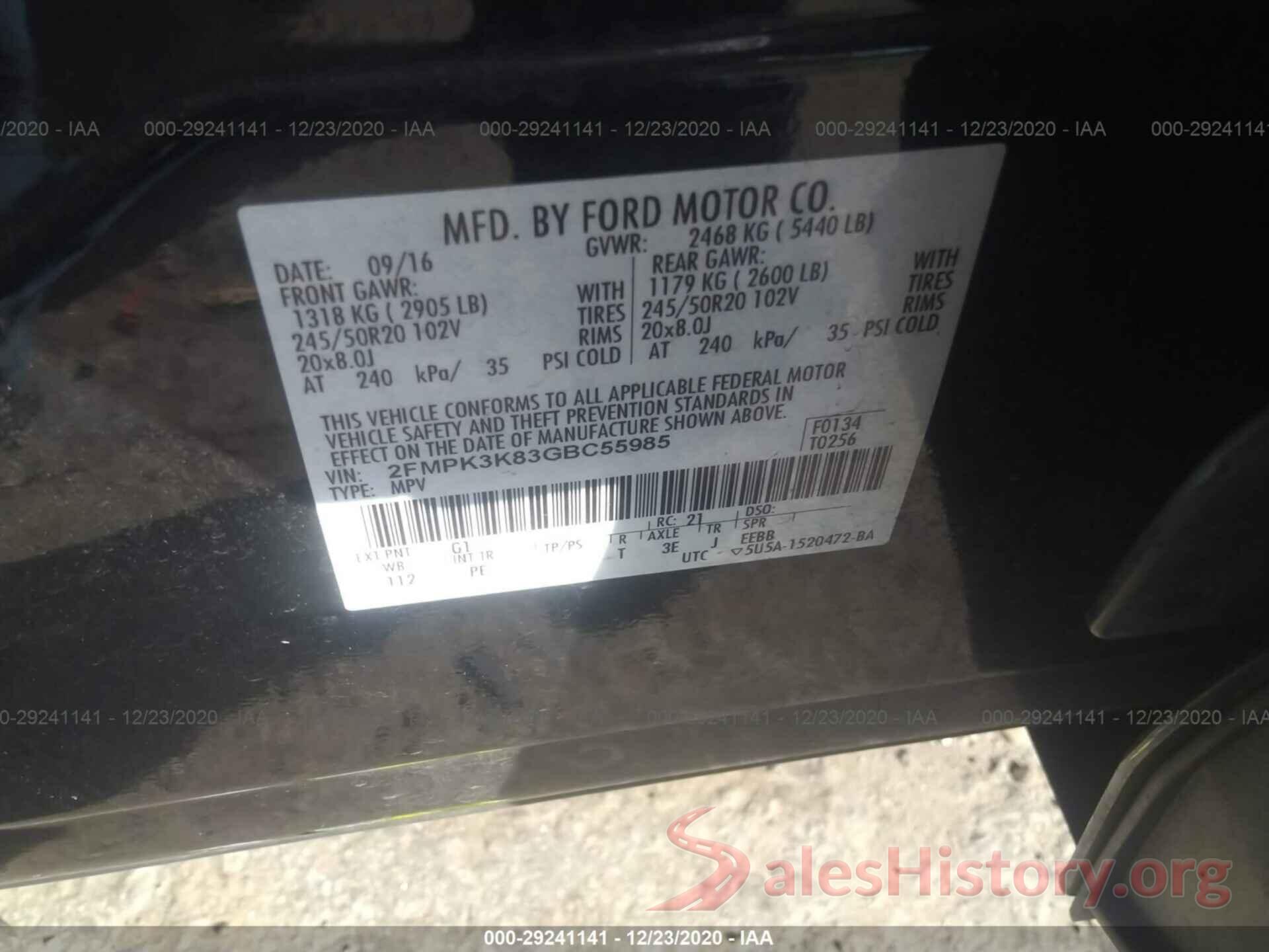 2FMPK3K83GBC55985 2016 FORD EDGE