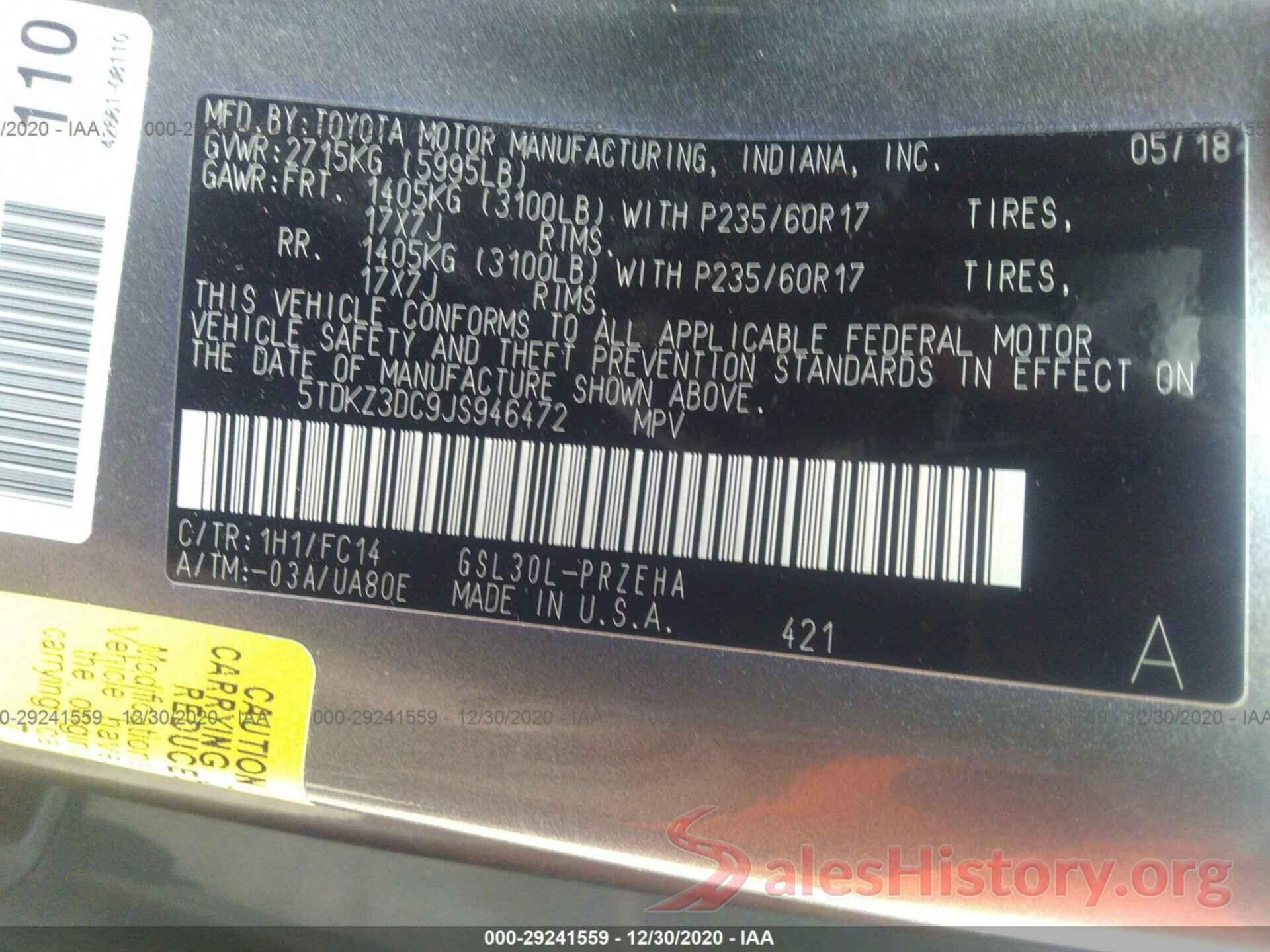 5TDKZ3DC9JS946472 2018 TOYOTA SIENNA