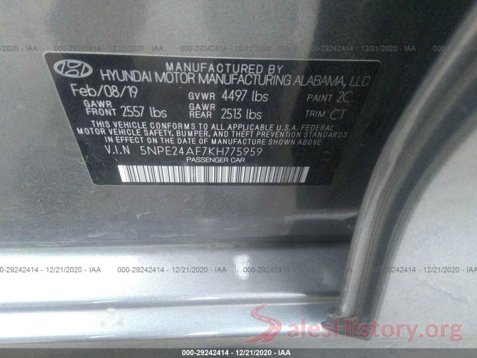 5NPE24AF7KH775959 2019 HYUNDAI SONATA