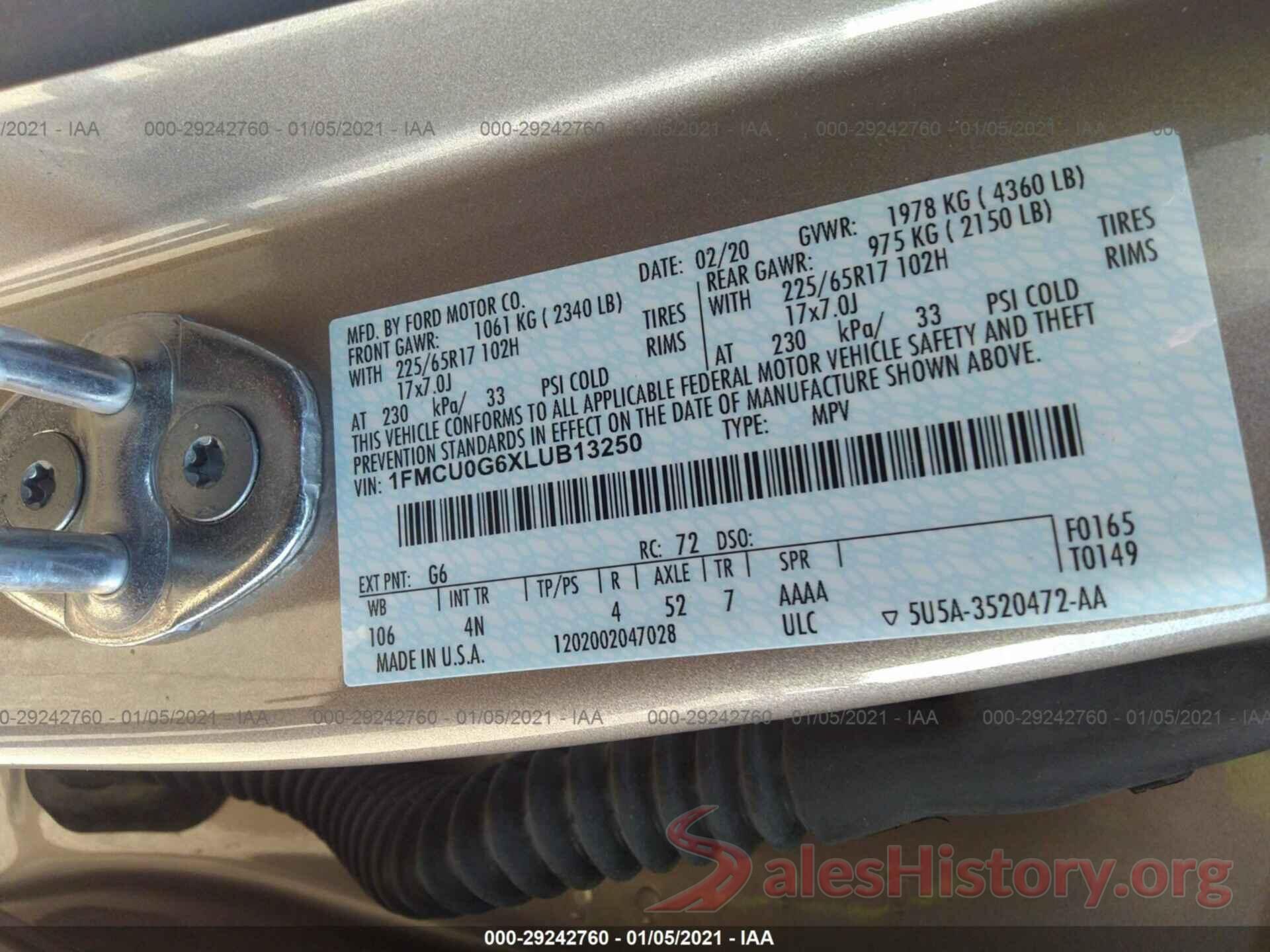 1FMCU0G6XLUB13250 2020 FORD ESCAPE