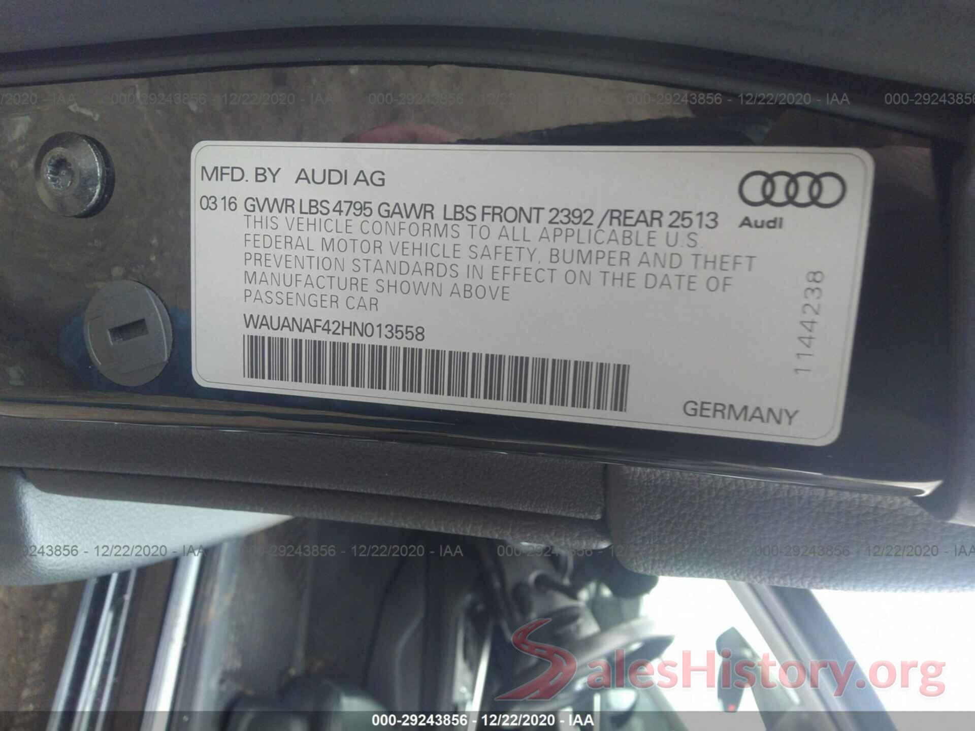 WAUANAF42HN013558 2017 AUDI A4