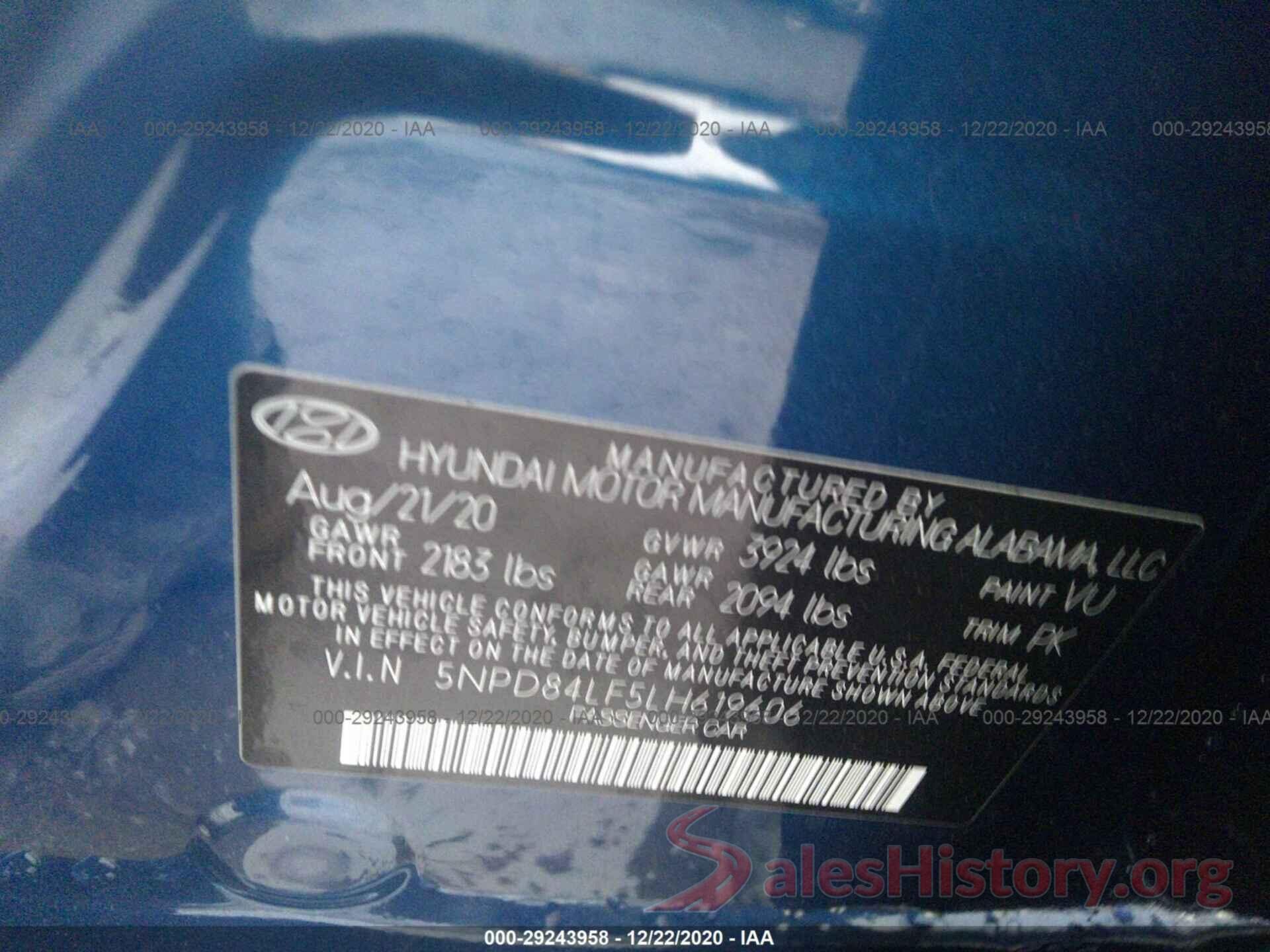 5NPD84LF5LH619606 2020 HYUNDAI ELANTRA