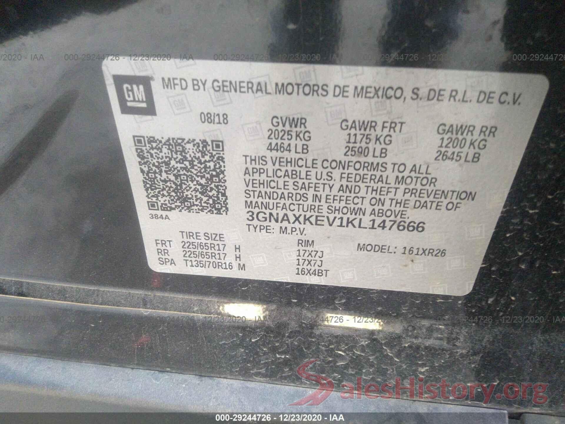 3GNAXKEV1KL147666 2019 CHEVROLET EQUINOX