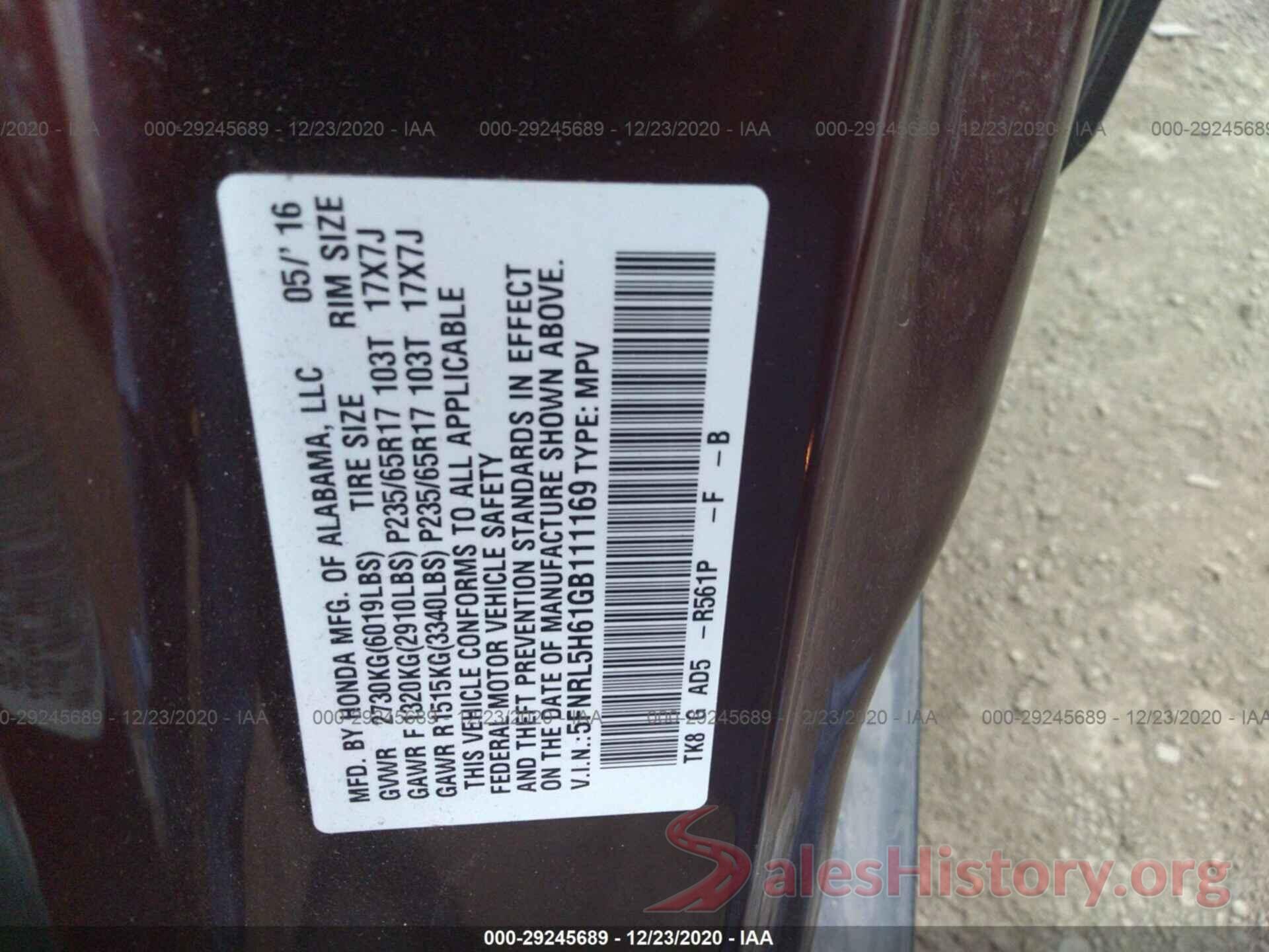 5FNRL5H61GB111169 2016 HONDA ODYSSEY