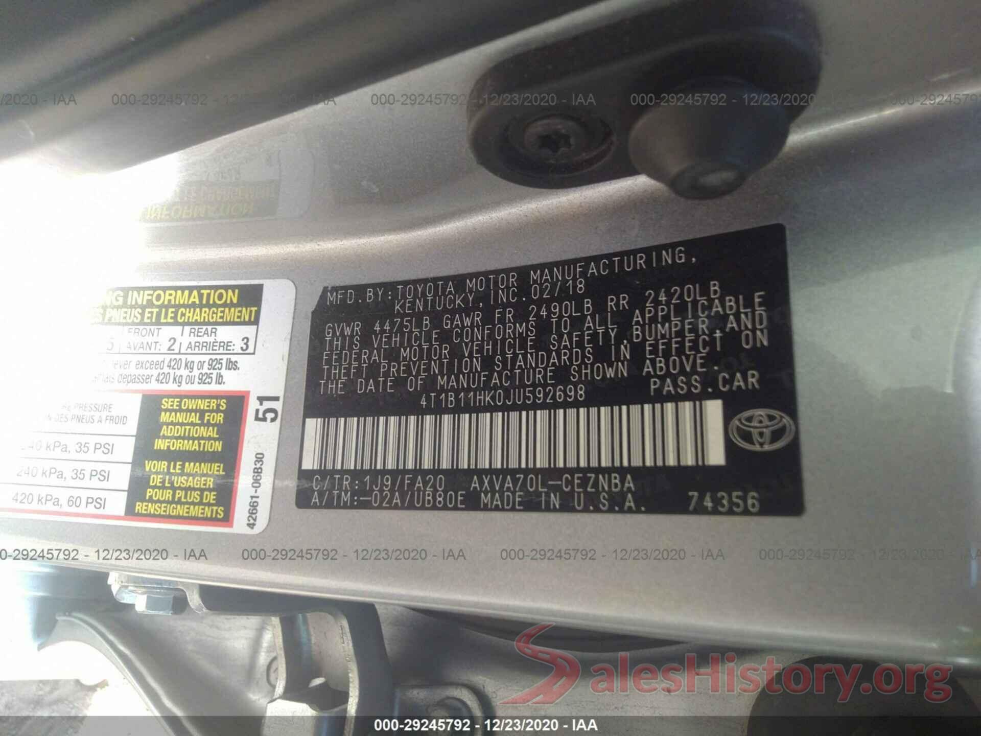 4T1B11HK0JU592698 2018 TOYOTA CAMRY