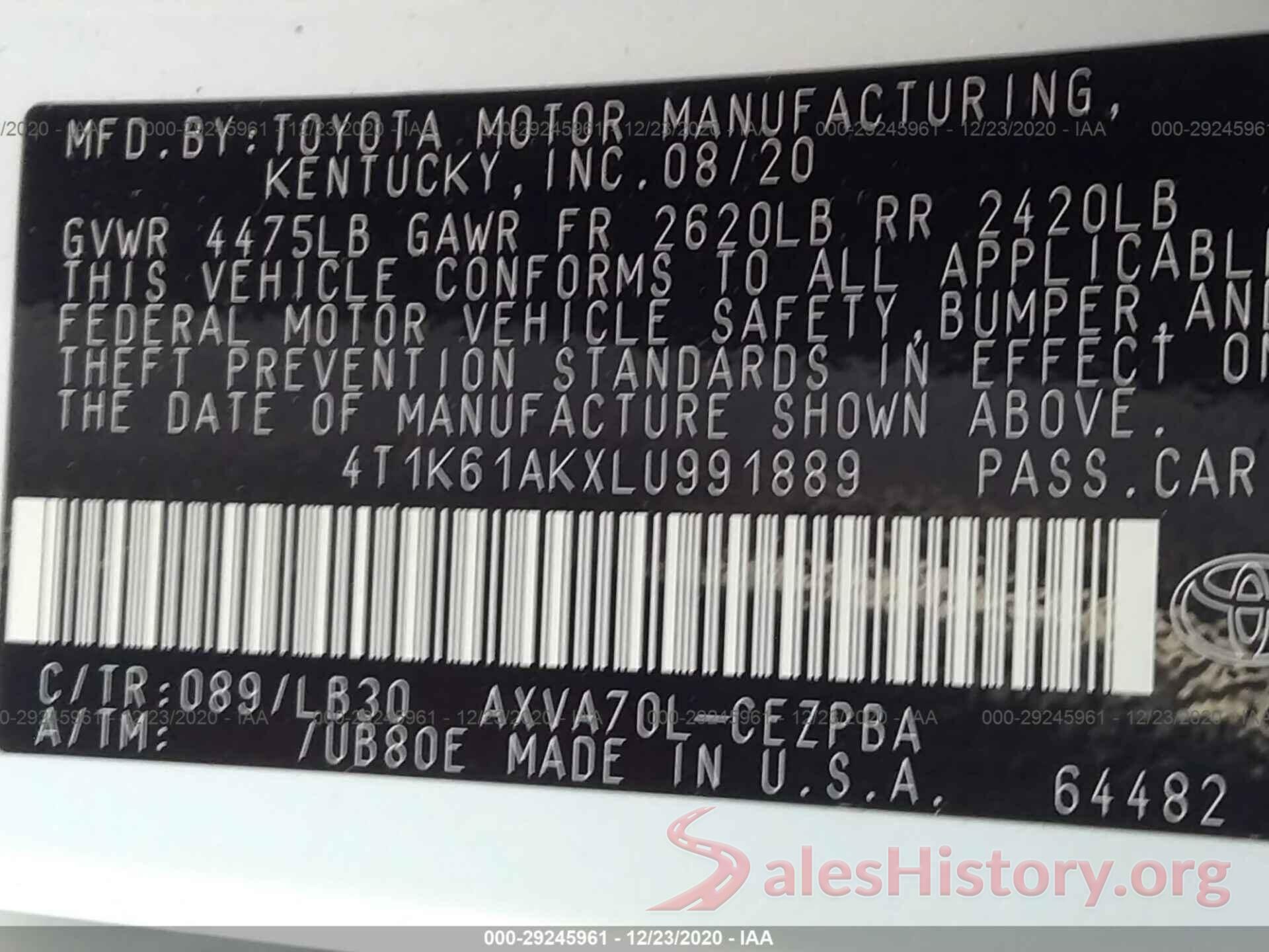 4T1K61AKXLU991889 2020 TOYOTA CAMRY