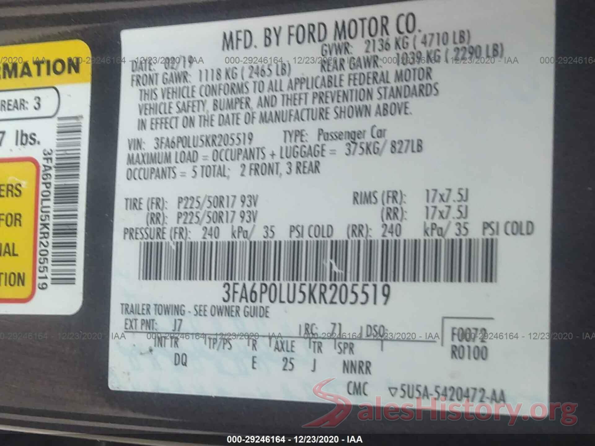 3FA6P0LU5KR205519 2019 FORD FUSION HYBRID