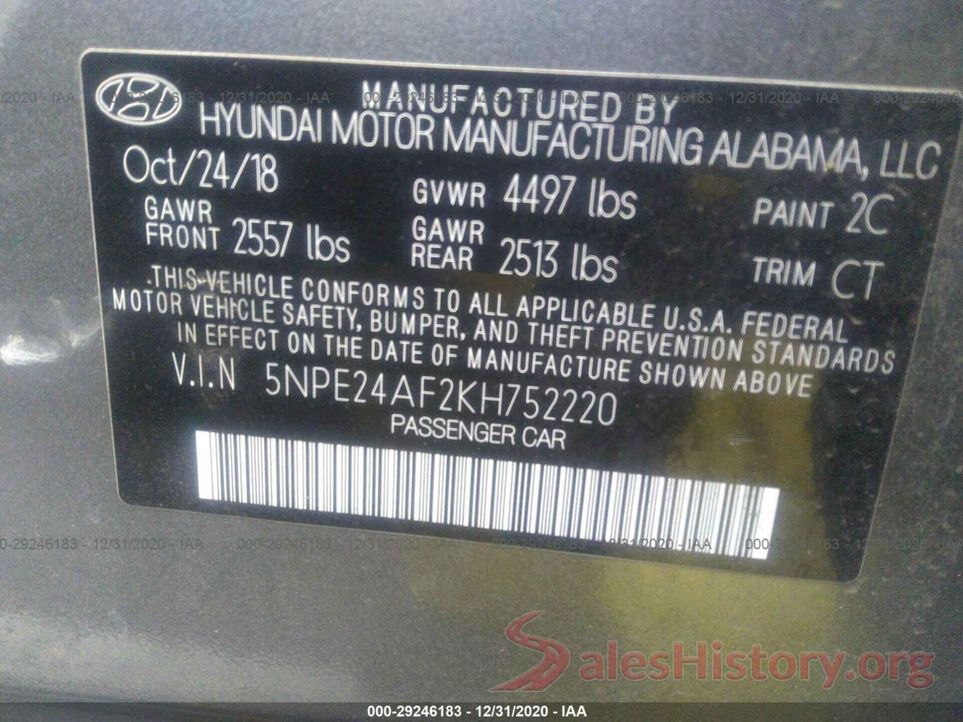 5NPE24AF2KH752220 2019 HYUNDAI SONATA