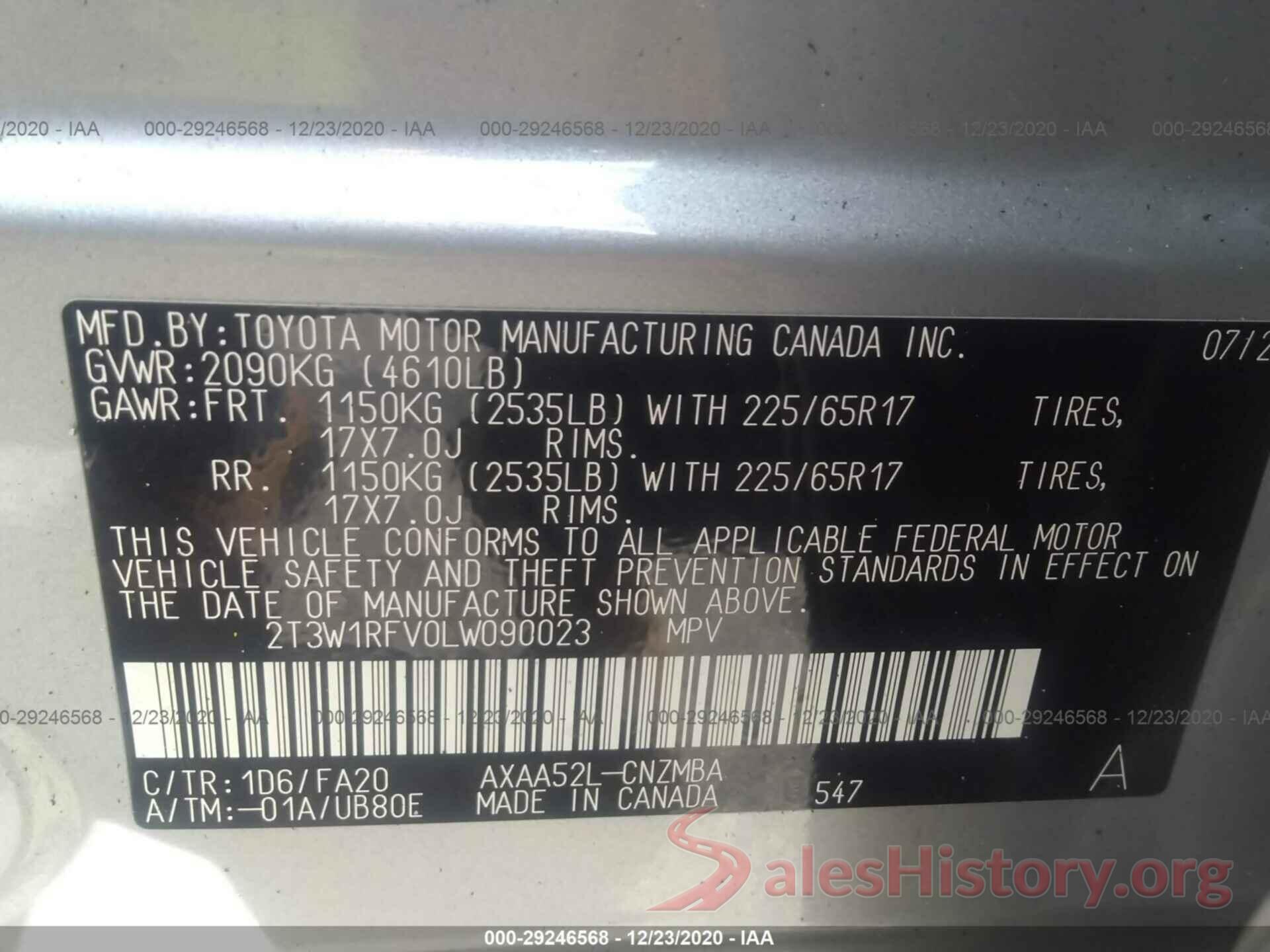 2T3W1RFV0LW090023 2020 TOYOTA RAV4