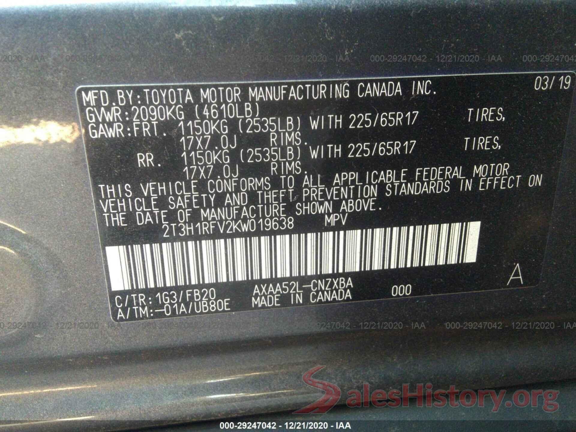 2T3H1RFV2KW019638 2019 TOYOTA RAV4