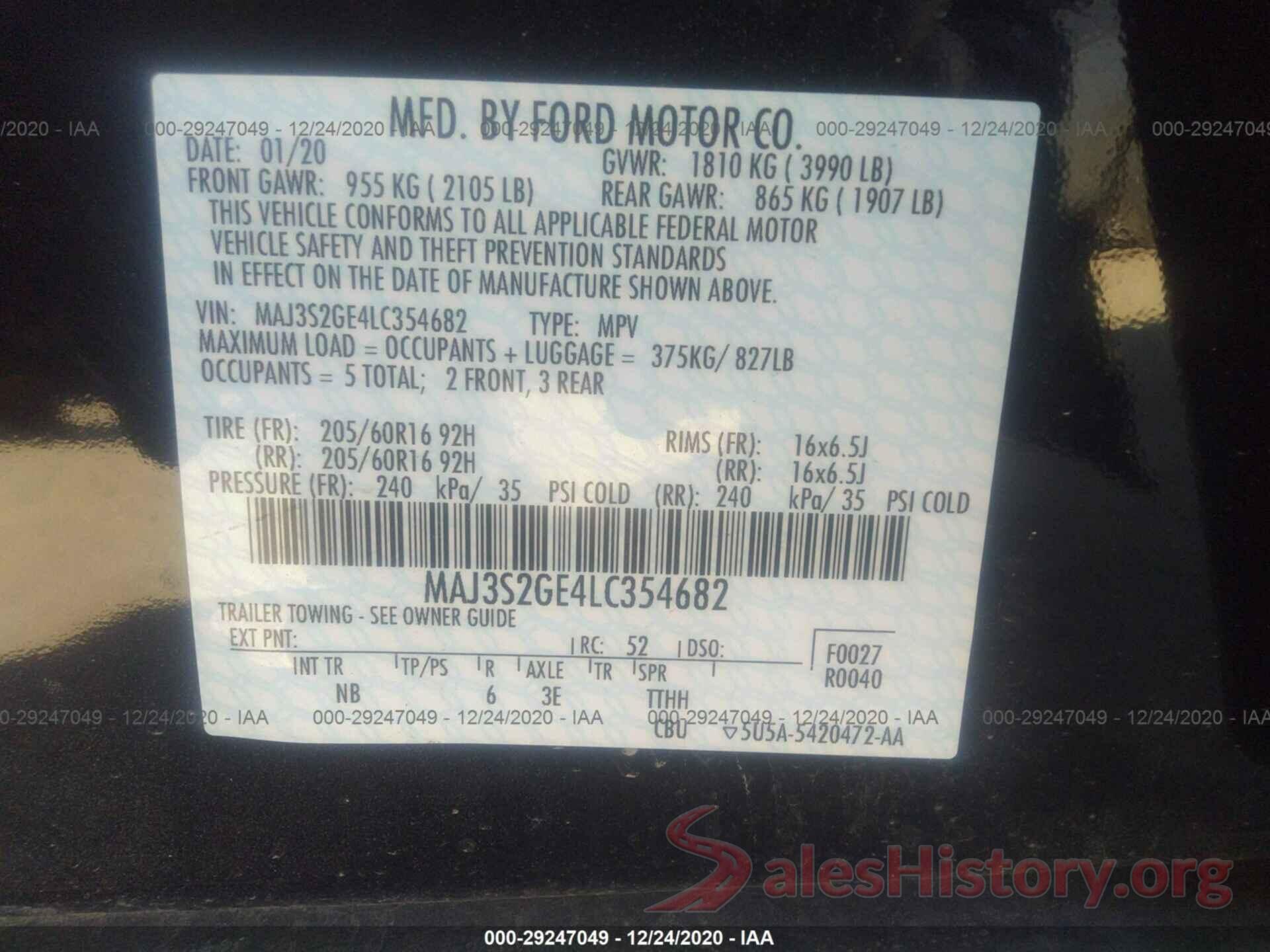 MAJ3S2GE4LC354682 2020 FORD ECOSPORT