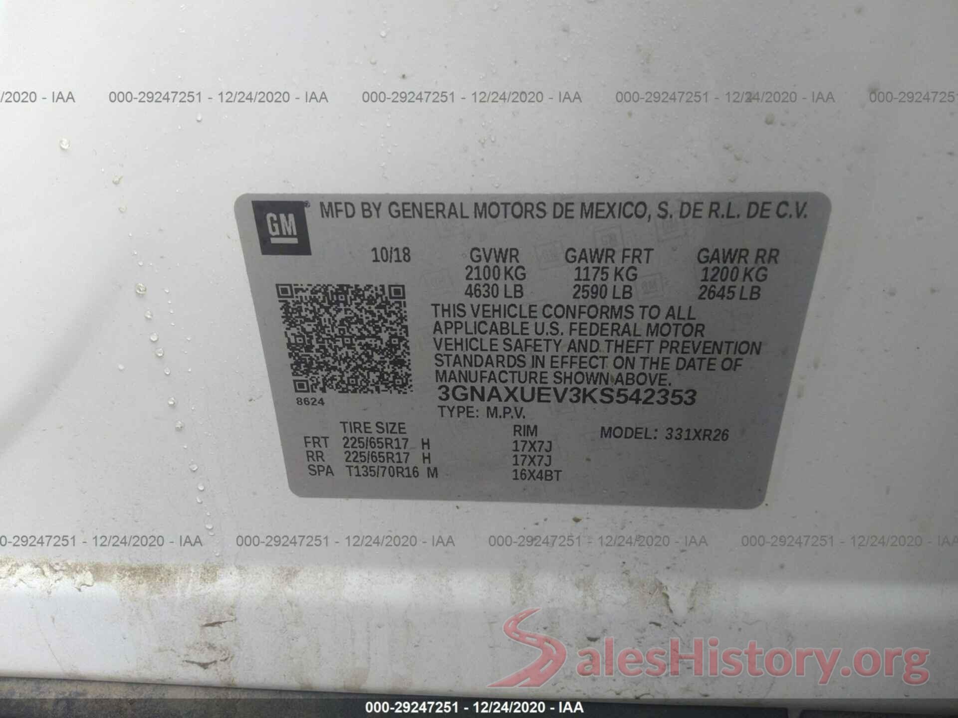 3GNAXUEV3KS542353 2019 CHEVROLET EQUINOX