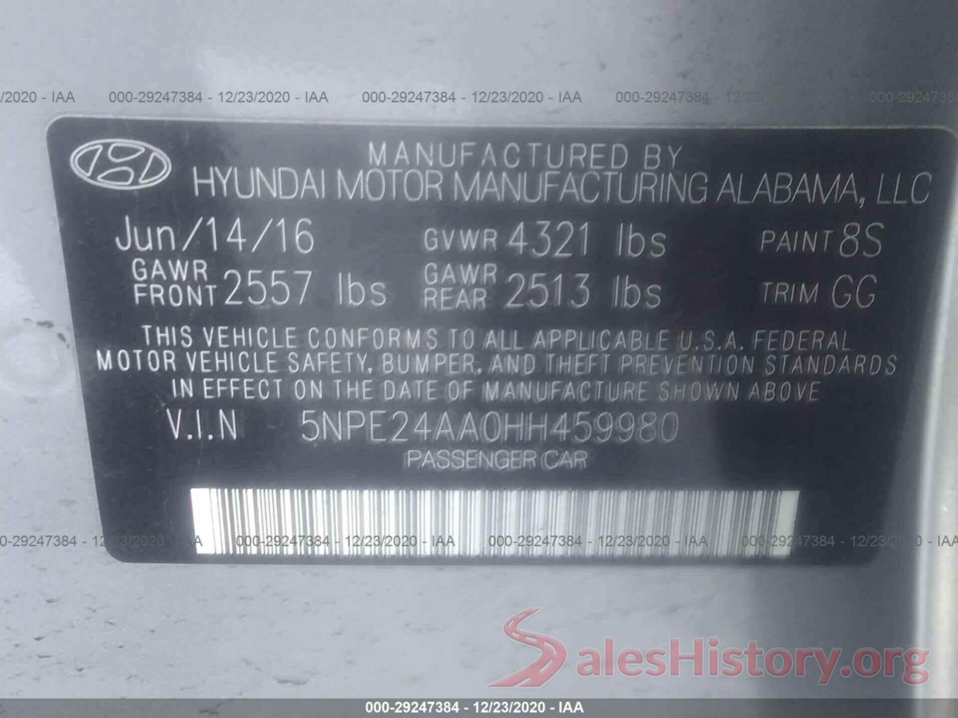 5NPE24AA0HH459980 2017 HYUNDAI SONATA