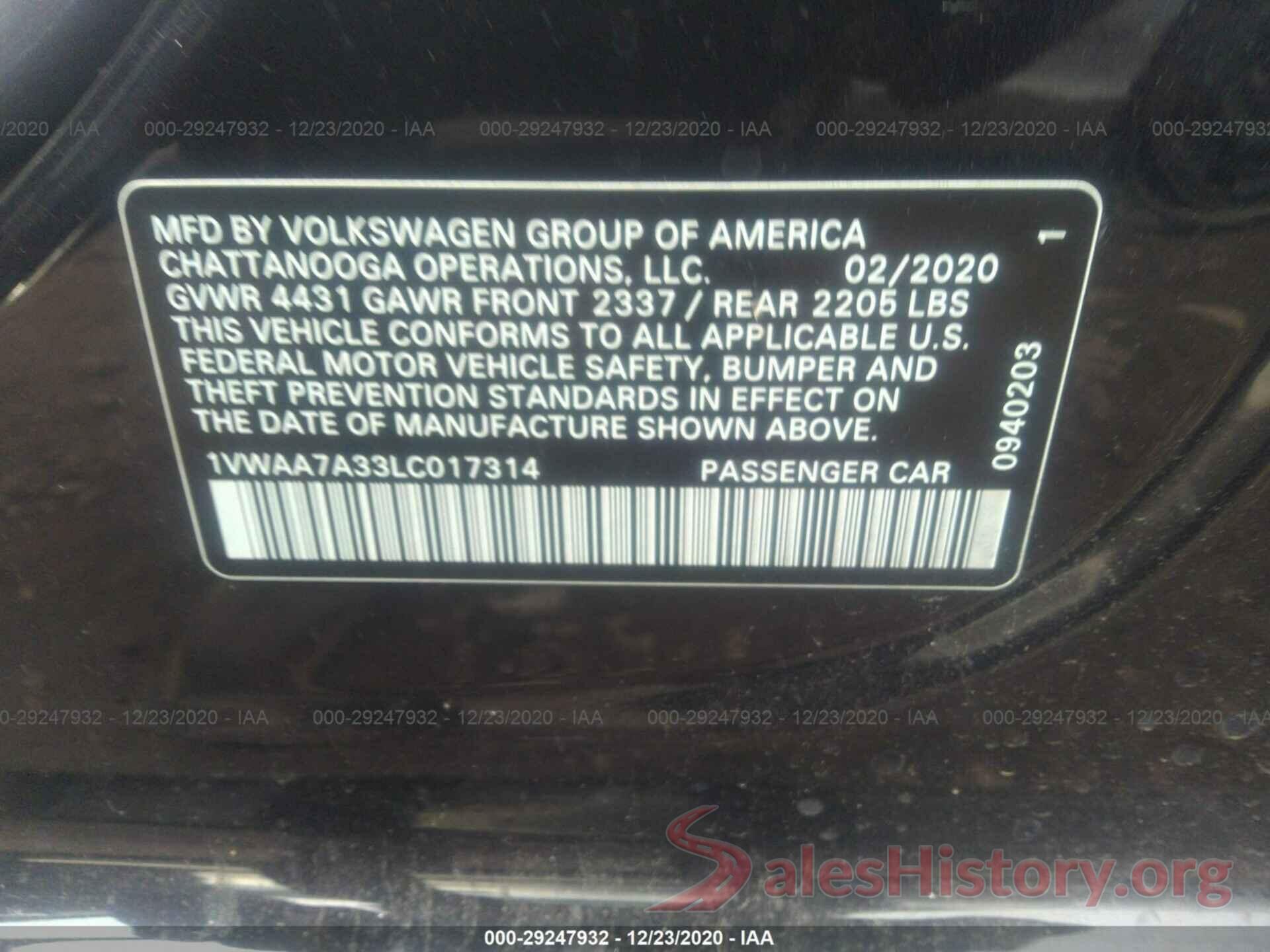 1VWAA7A33LC017314 2020 VOLKSWAGEN PASSAT