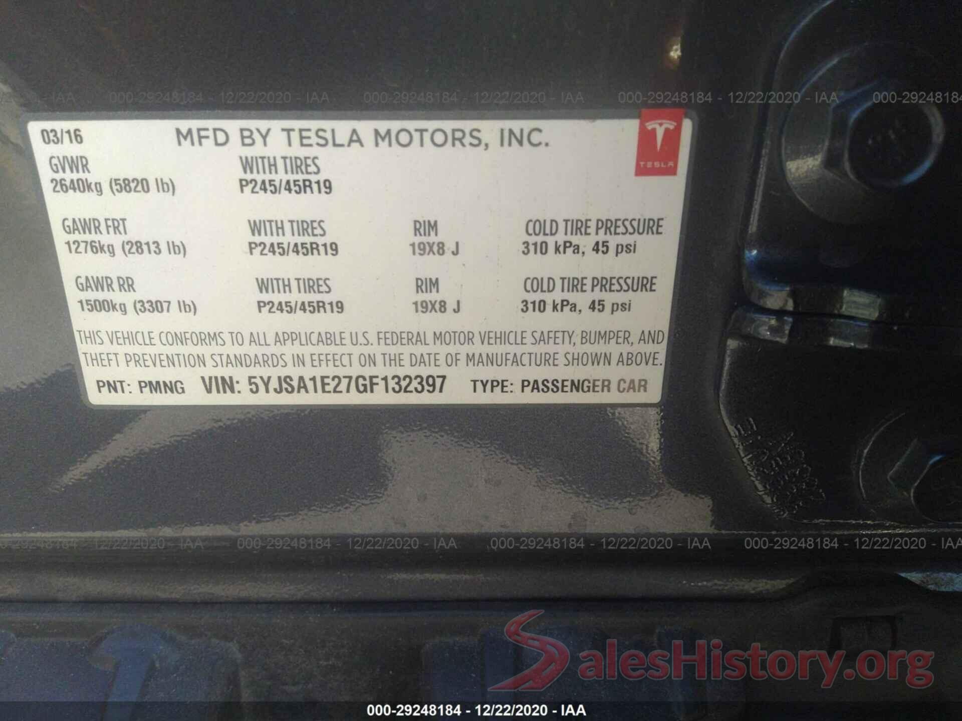 5YJSA1E27GF132397 2016 TESLA MODEL S