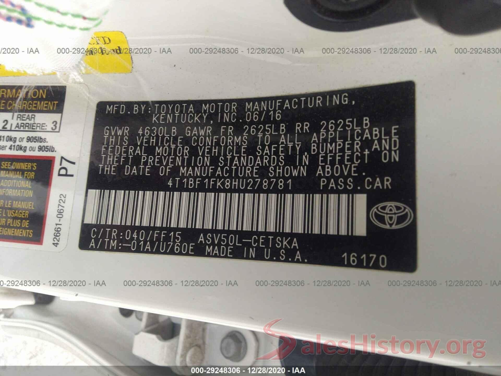 4T1BF1FK8HU278781 2017 TOYOTA CAMRY