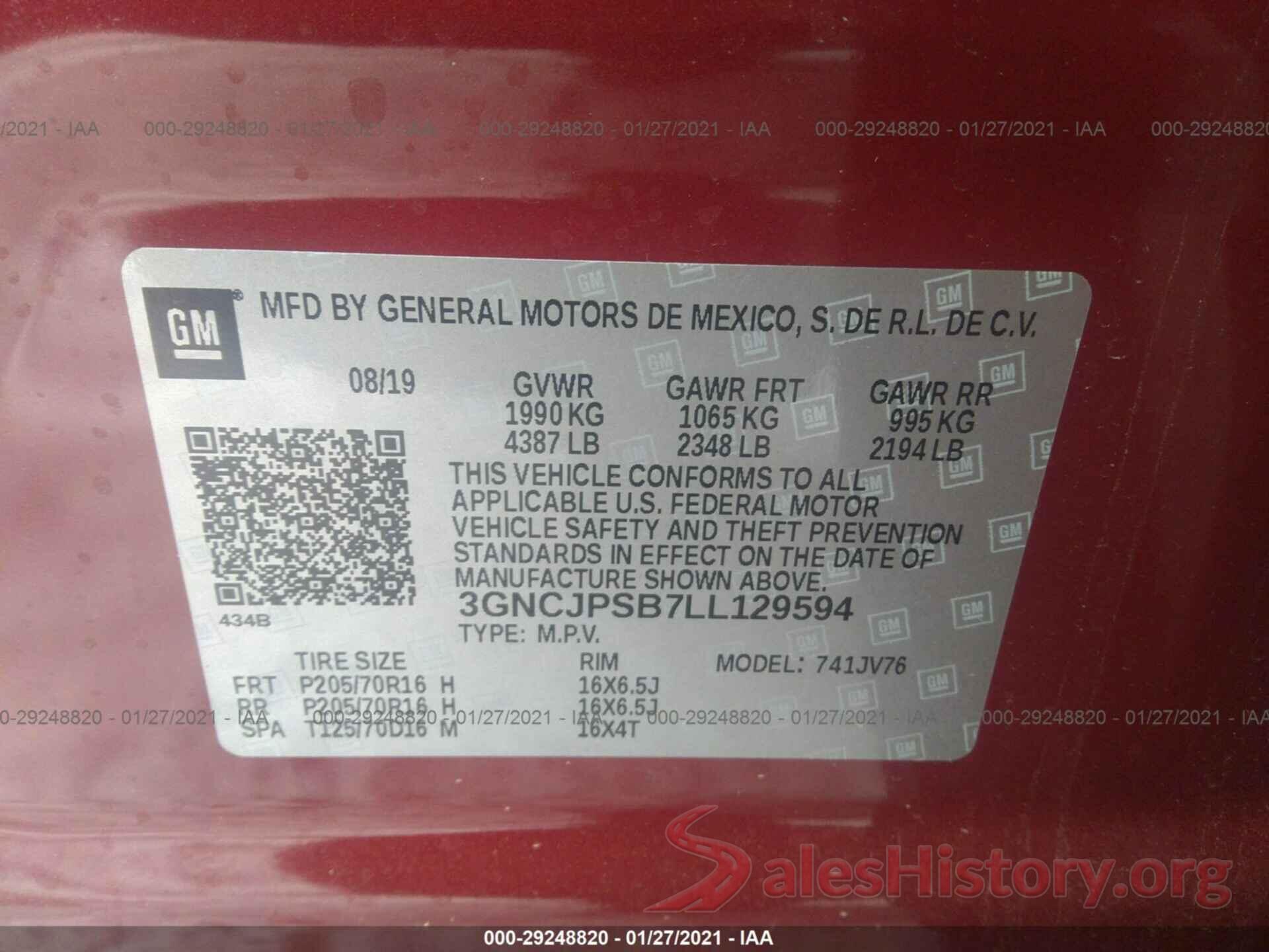 3GNCJPSB7LL129594 2020 CHEVROLET TRAX