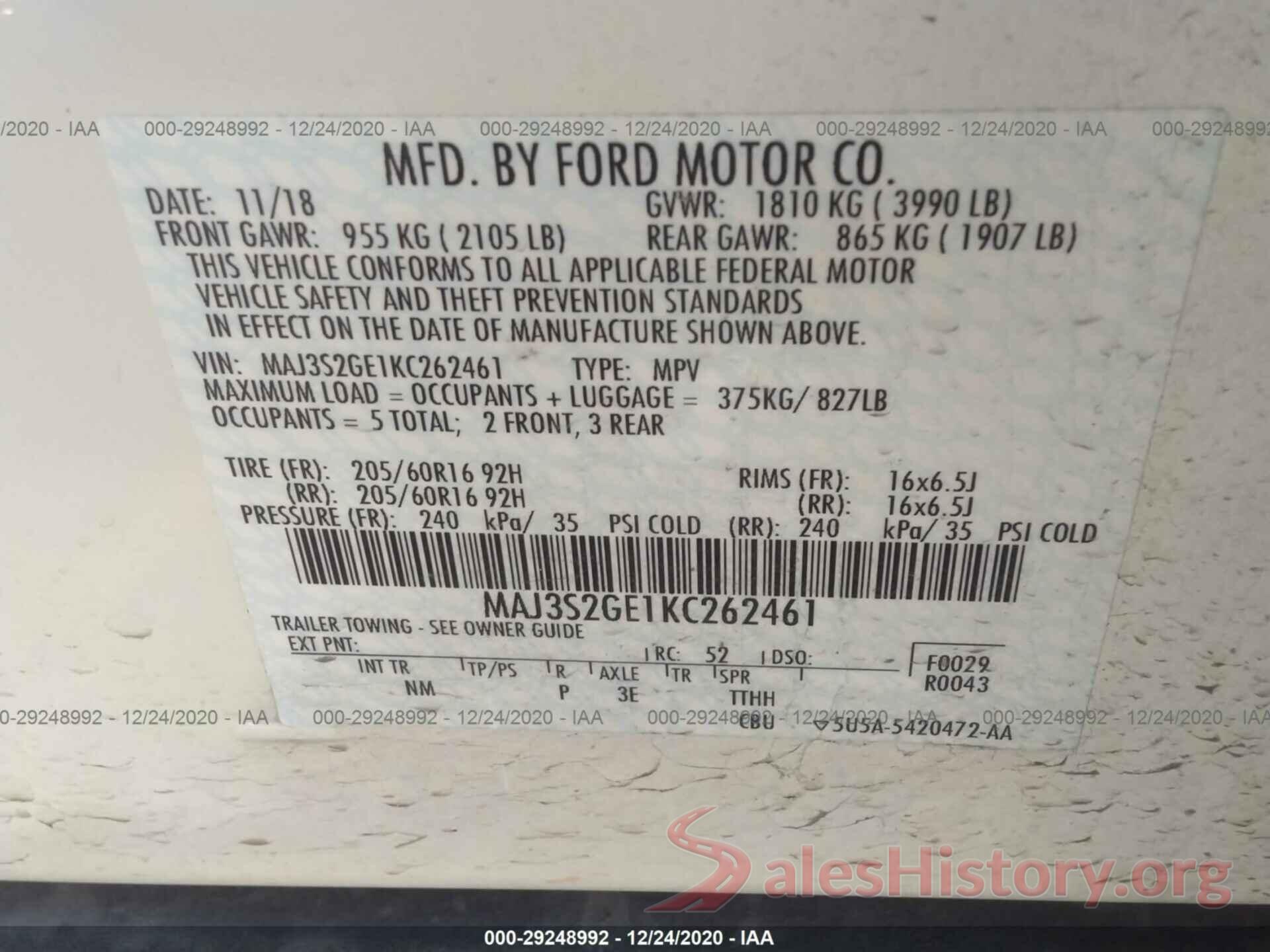 MAJ3S2GE1KC262461 2019 FORD ECOSPORT