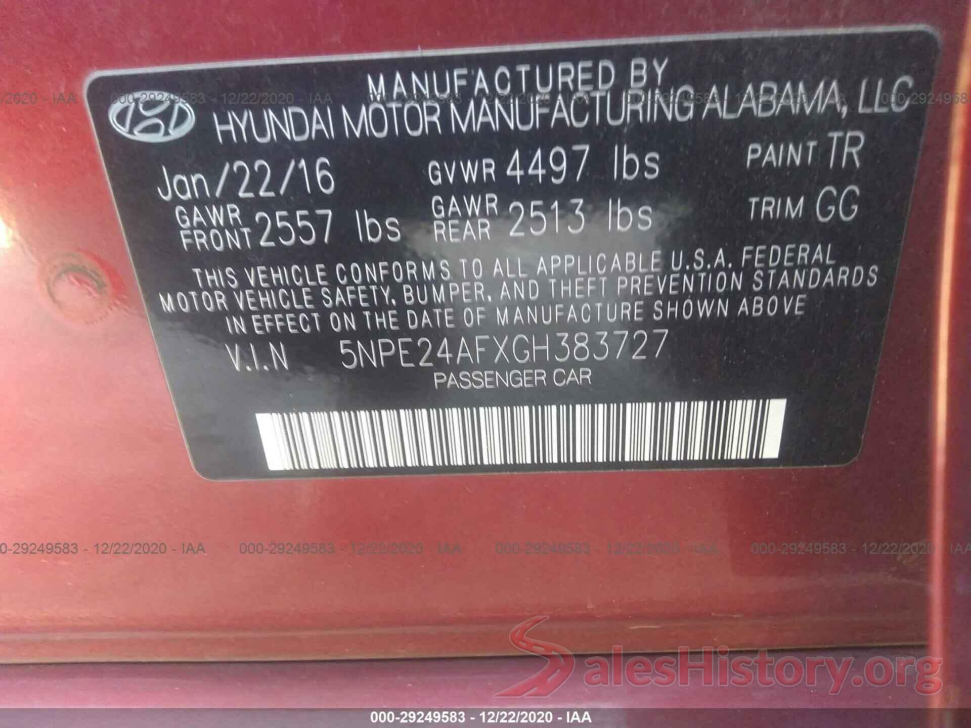 5NPE24AFXGH383727 2016 HYUNDAI SONATA