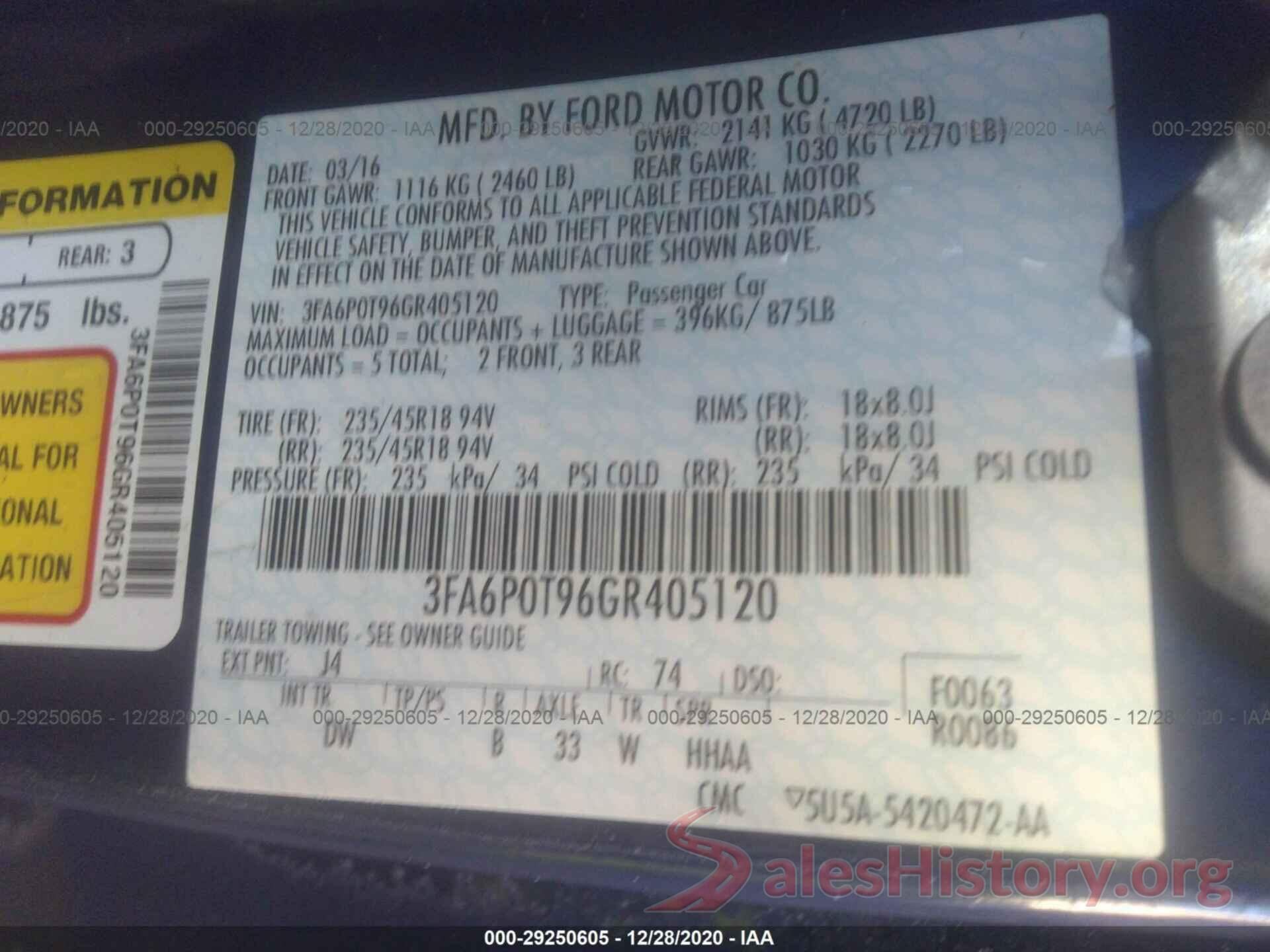 3FA6P0T96GR405120 2016 FORD FUSION