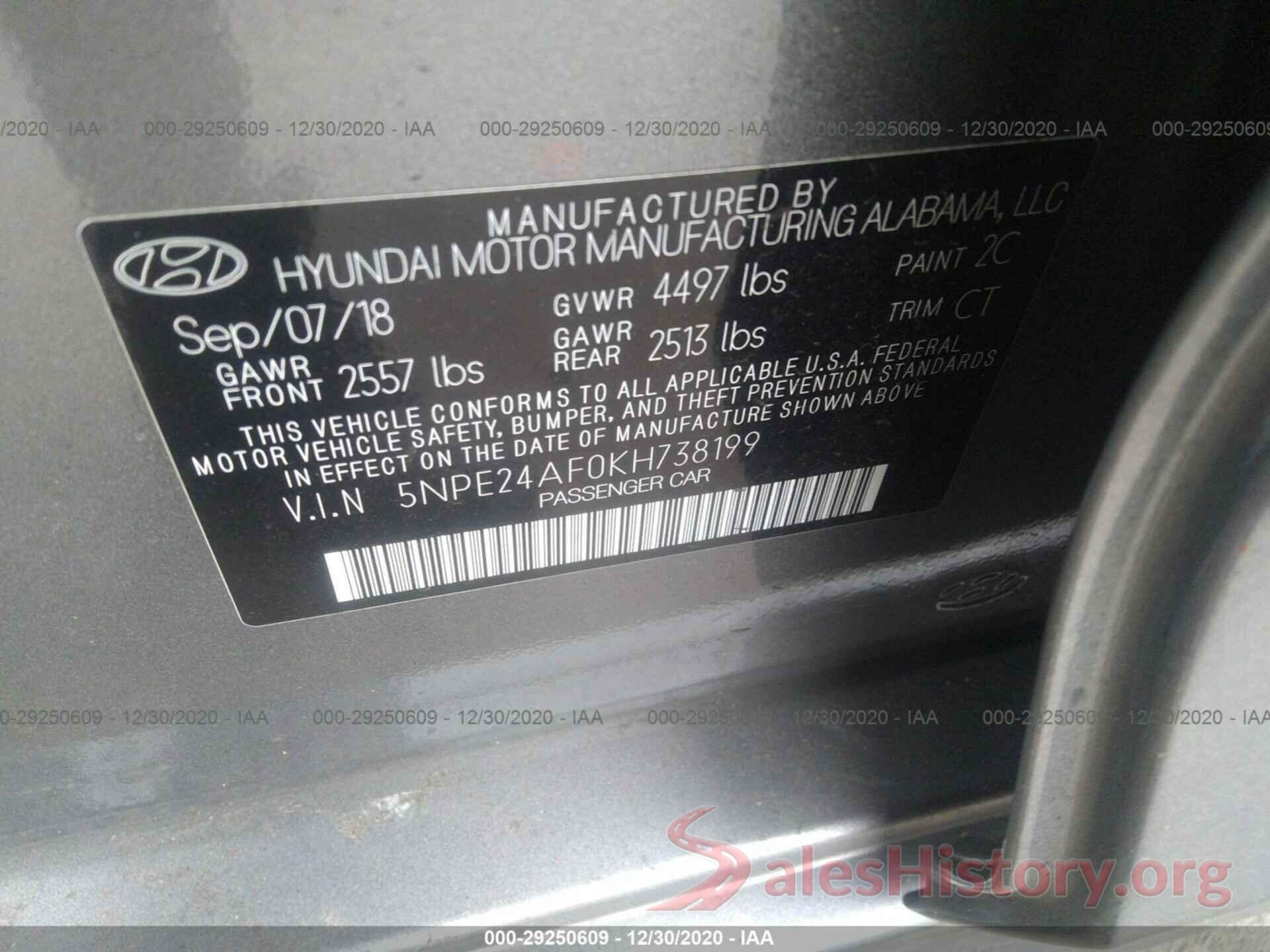 5NPE24AF0KH738199 2019 HYUNDAI SONATA