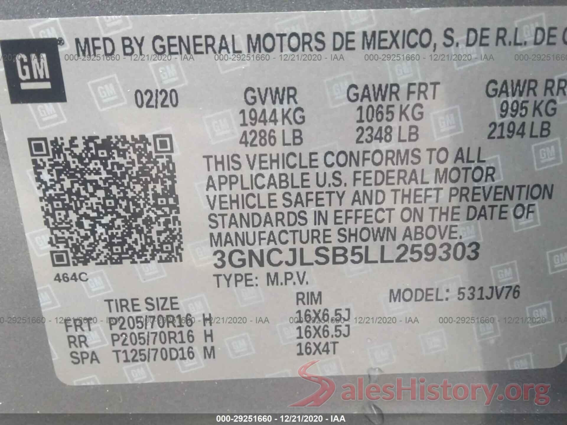 3GNCJLSB5LL259303 2020 CHEVROLET TRAX